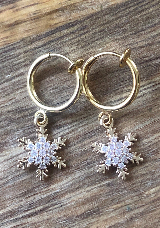 Tiniest Sparkling snowflake pendant clip on earrings with rhinestone pavers (spring hoop)