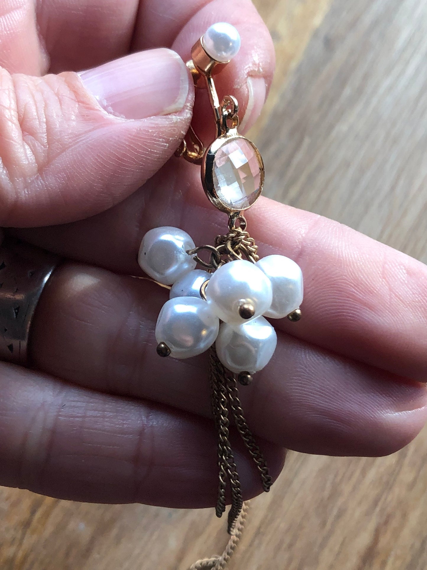 Vintage Faux pearl and crystal bead dangling clip on earrings