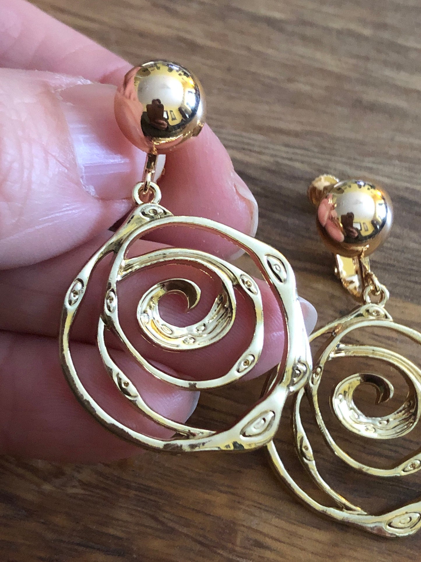 Dangling clip on gold rose earrings, dangling hinged screwback goldtone earrings