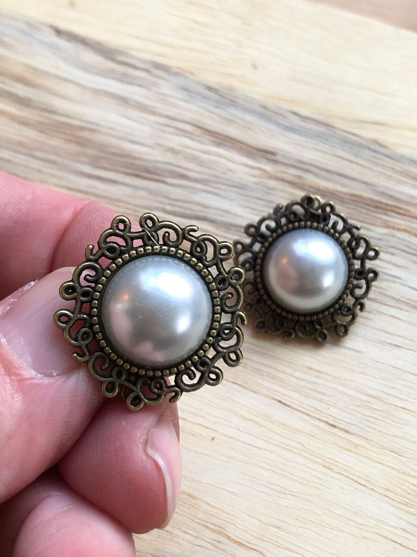 Bronze faux pearl round button clip on earrings, small neutral earrings for unpierced ears