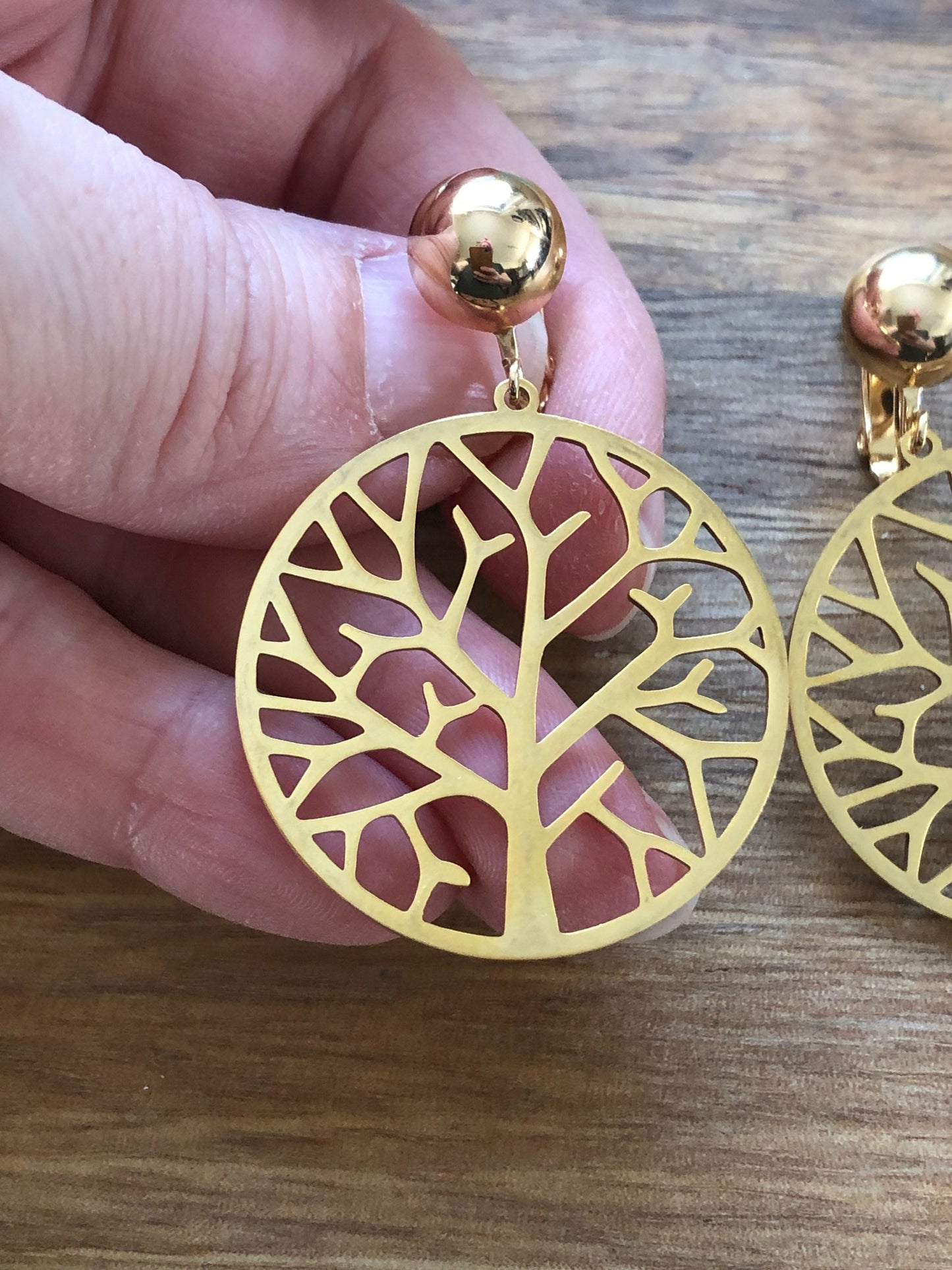 Dangling gold tree of life clip on earrings (screwback)