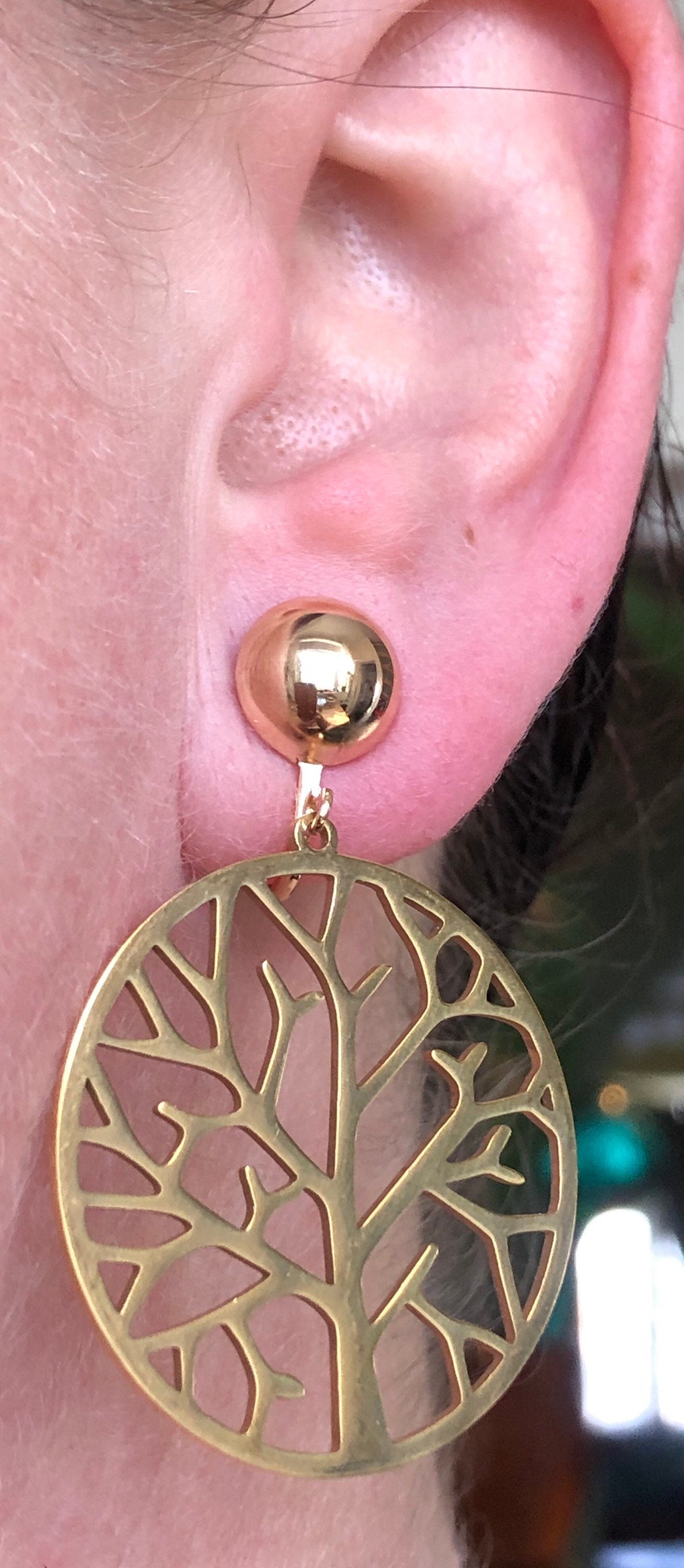 Dangling gold tree of life clip on earrings (screwback)