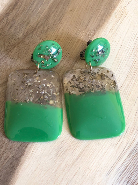 Dangling queen sized clip on earrings - green with gold glitter (screwback)