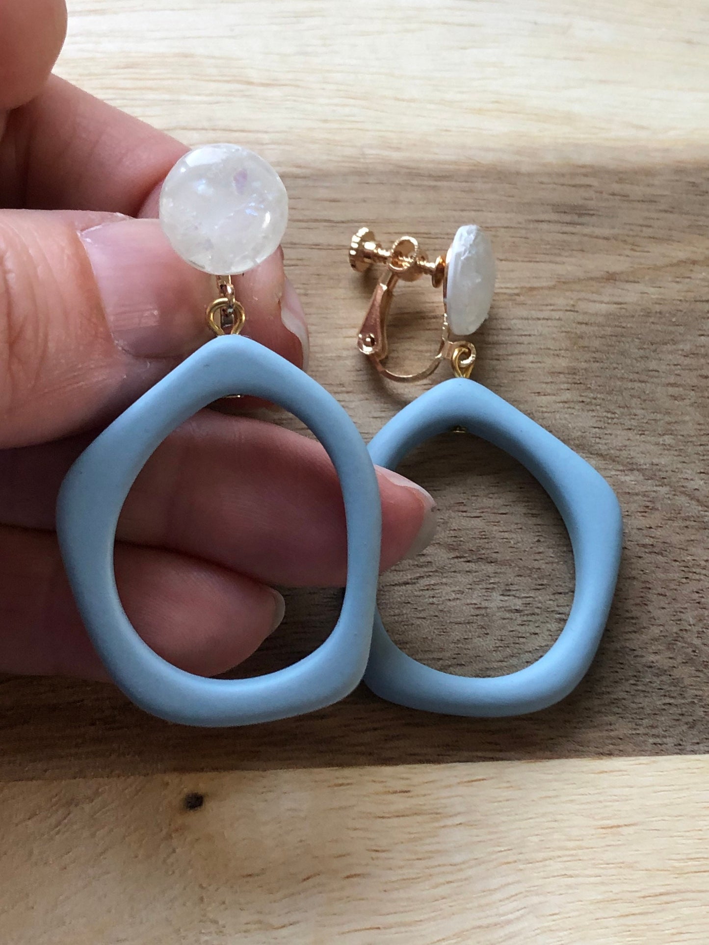 Dangling clip on irregular plastic hoop earrings, pastel dangling hoop earrings