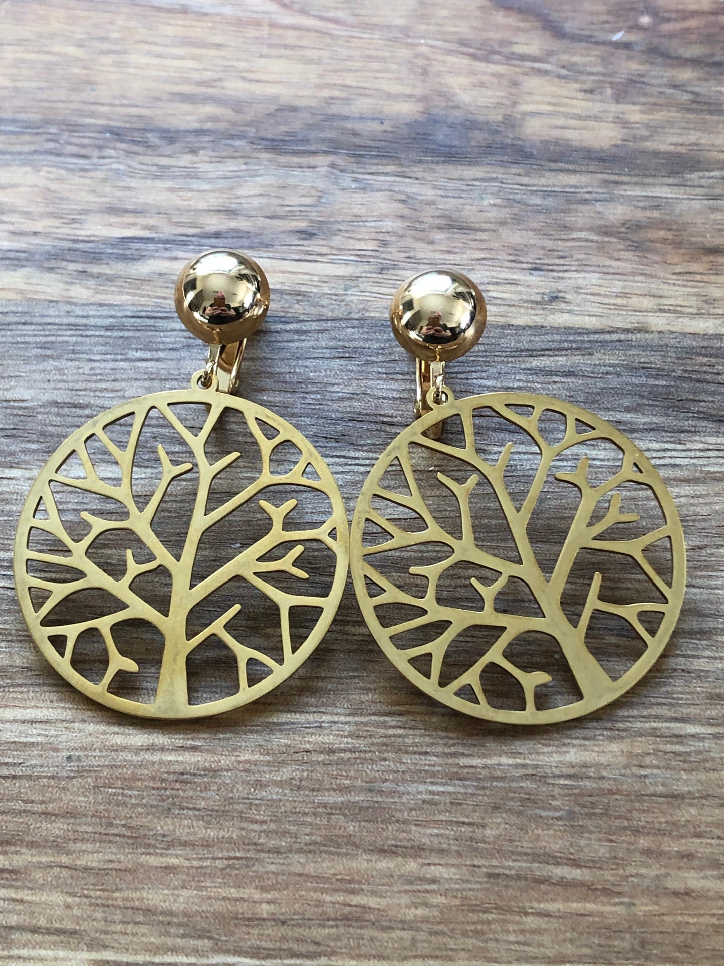 Dangling gold tree of life clip on earrings (screwback)