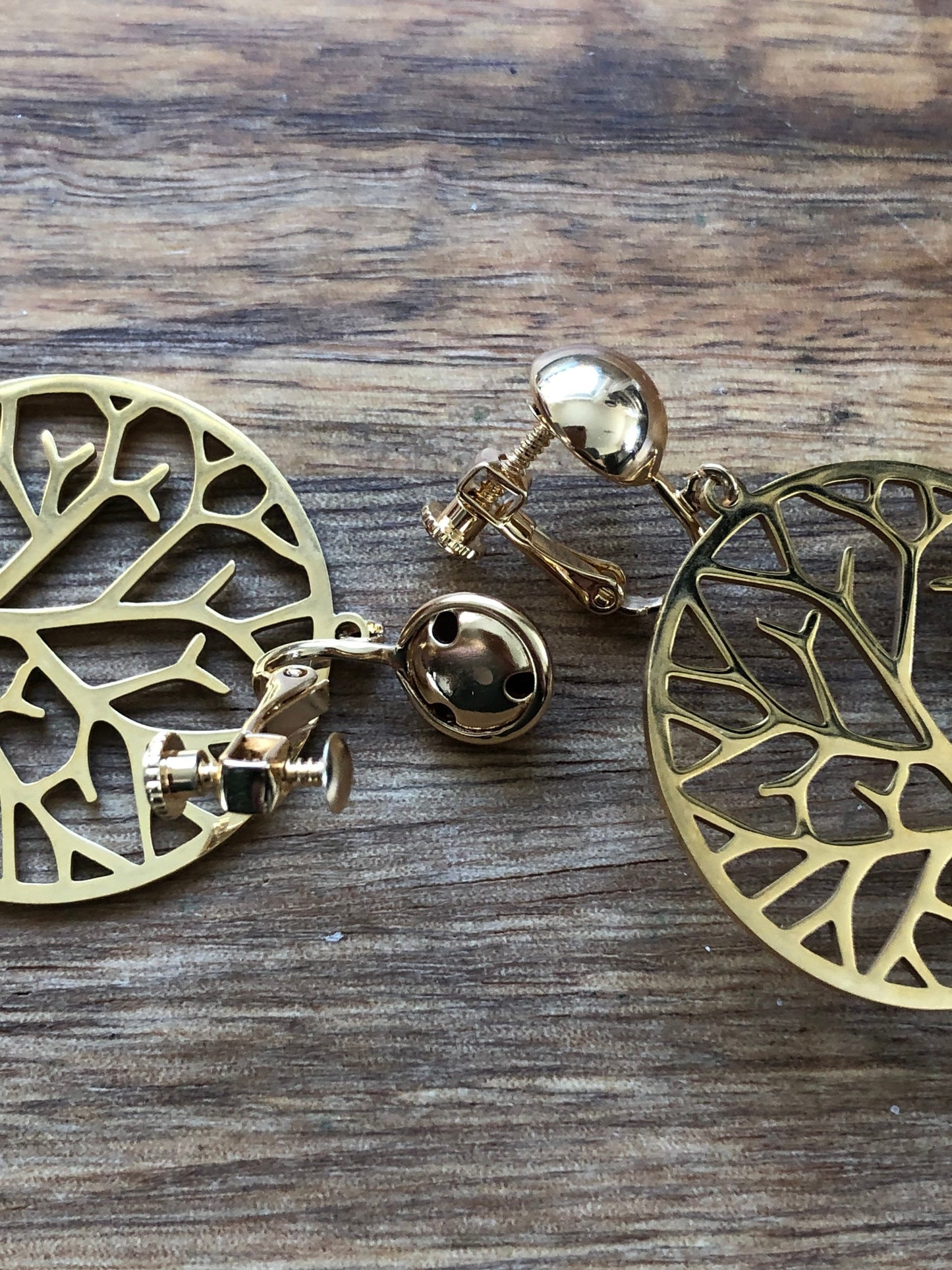 Dangling gold tree of life clip on earrings (screwback)