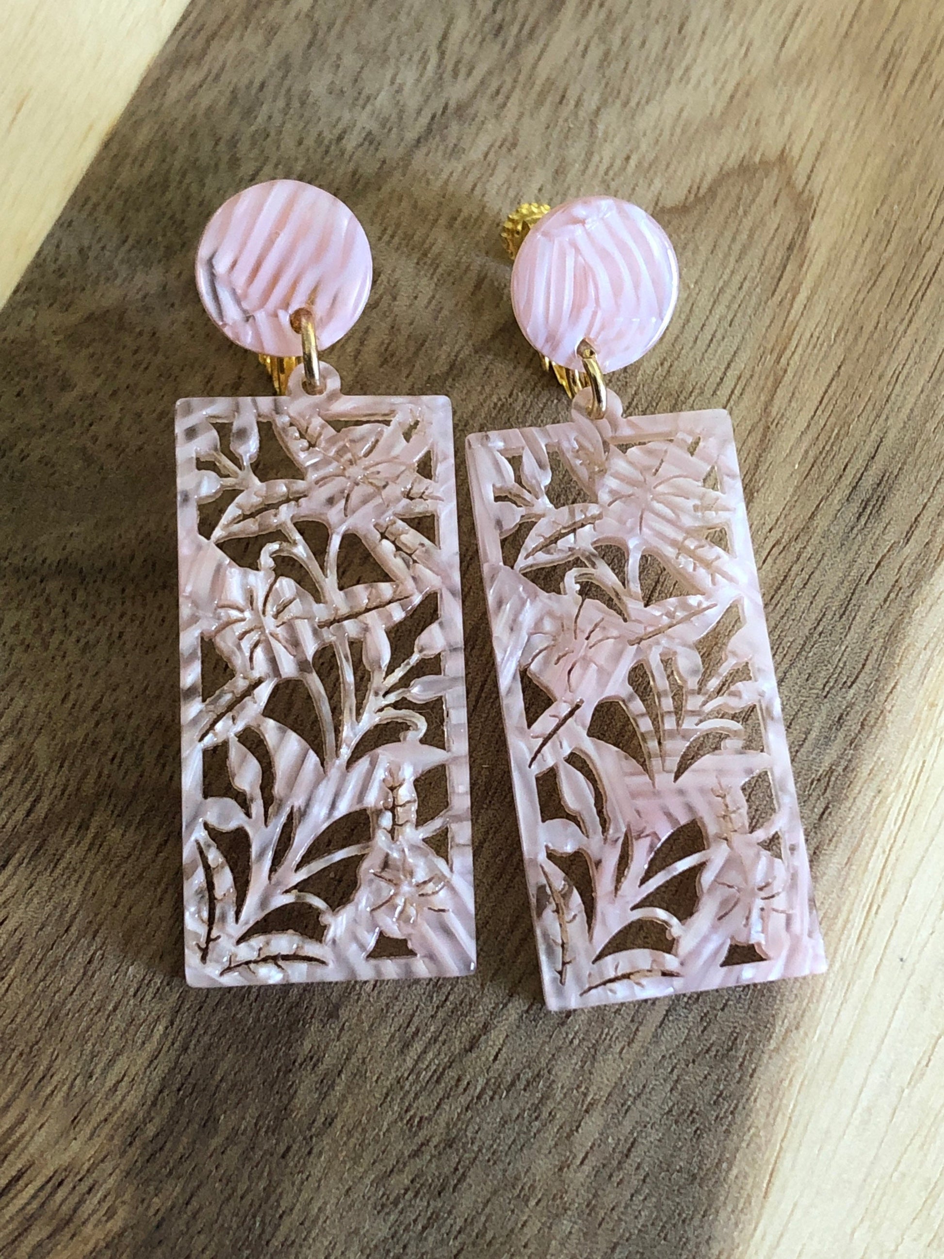 carved rectangular pink clip on earrings