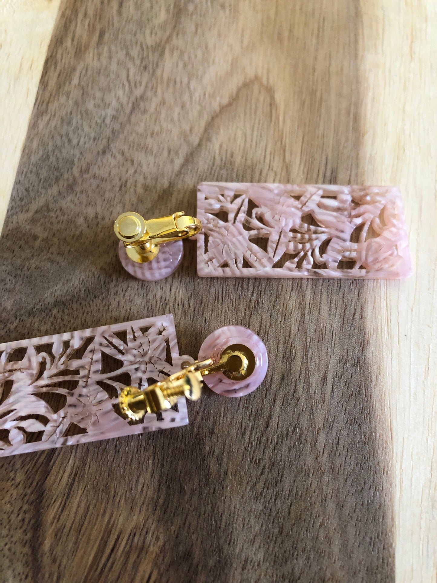 Pink carved acetate dangling rectangle clip on earrings (screw on| no pierce)