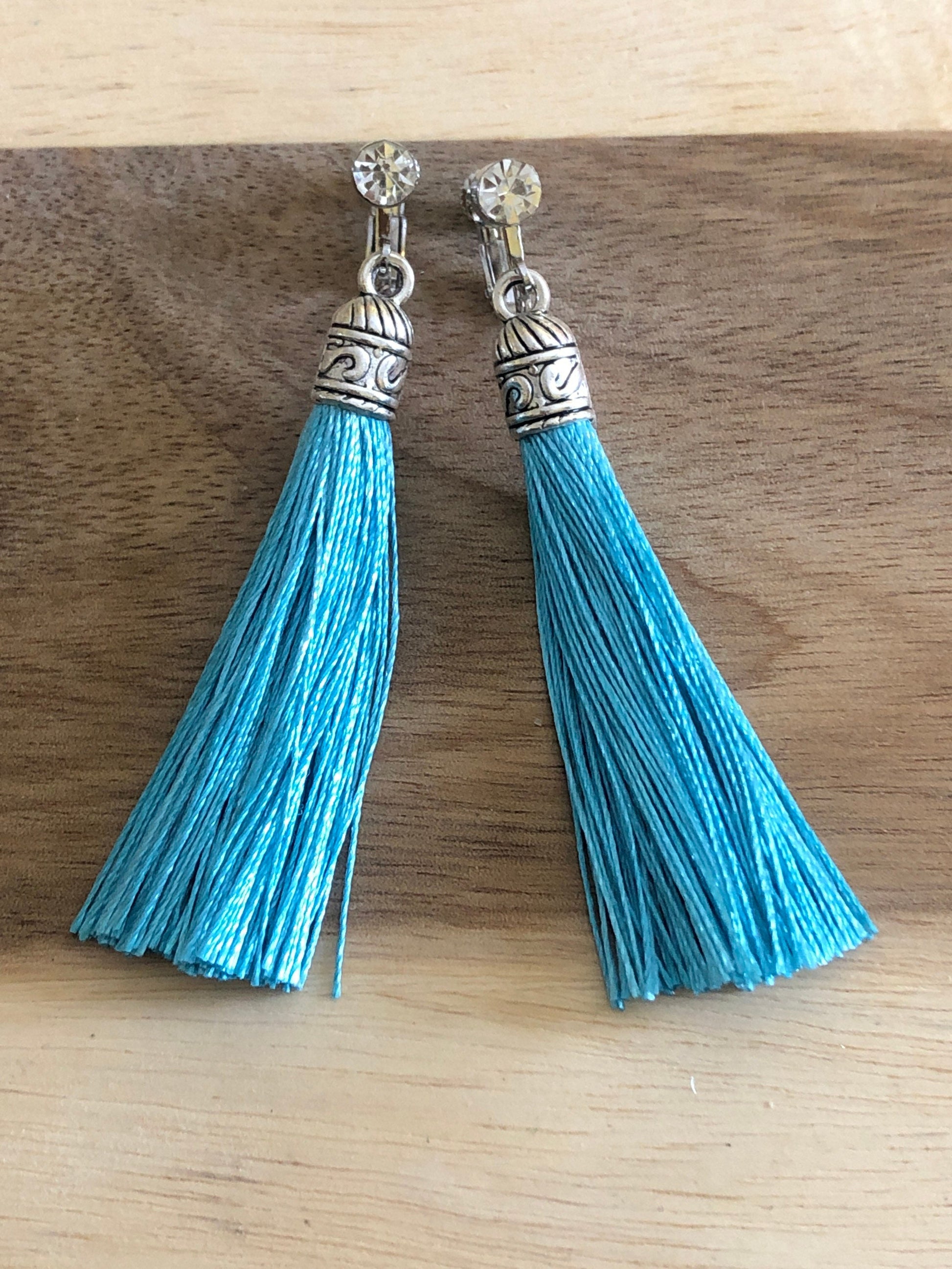 dangling silk tassel clip on earrings, rhinestone screwback earrings