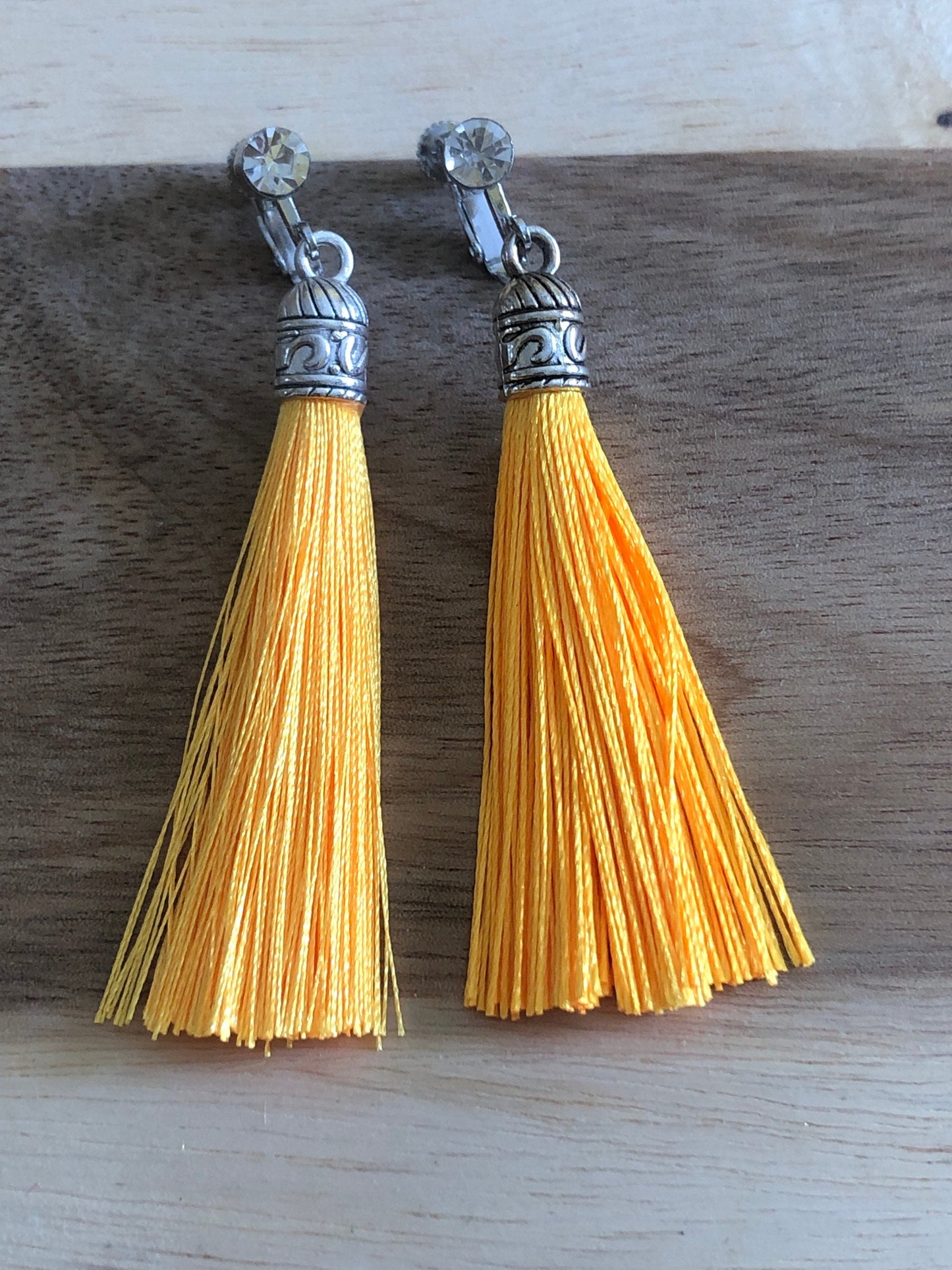 Clip on silk tassels and rhinestone earrings, dangling boho screwback earrings