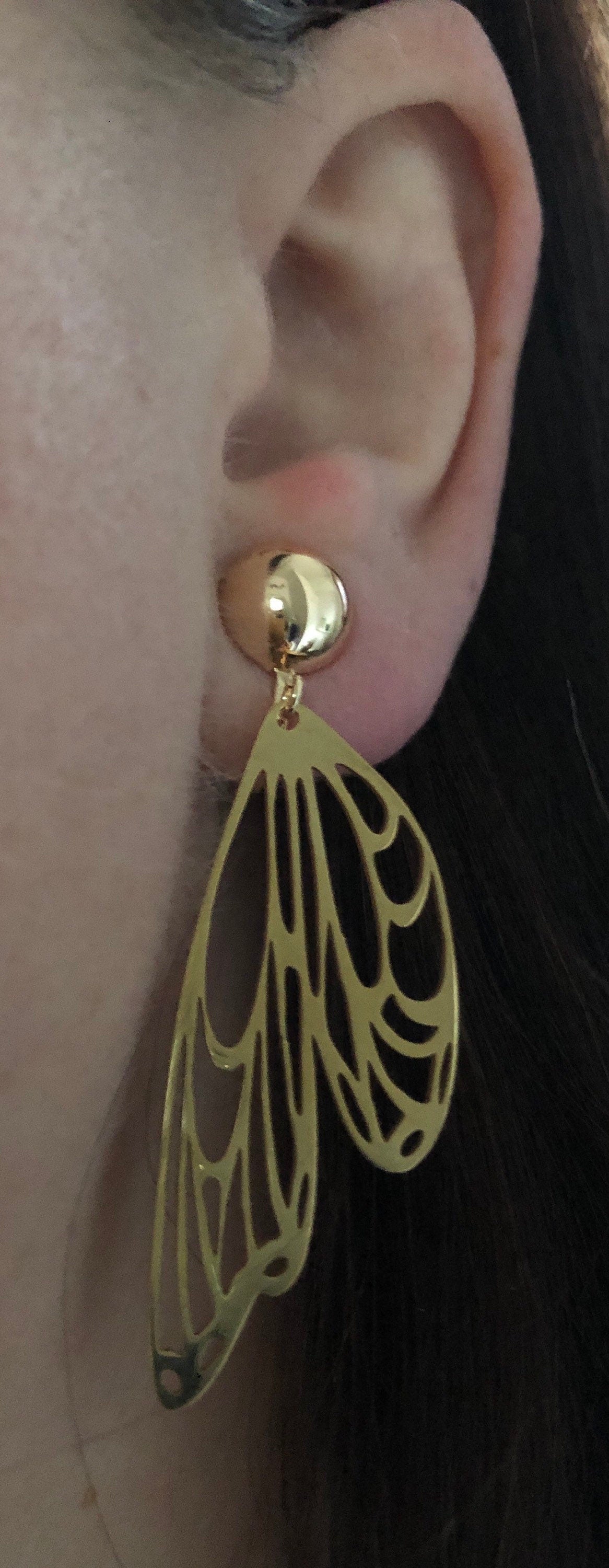 Dangling clip on gold butterfly wing clip on earrings  | silver butterfly earrings