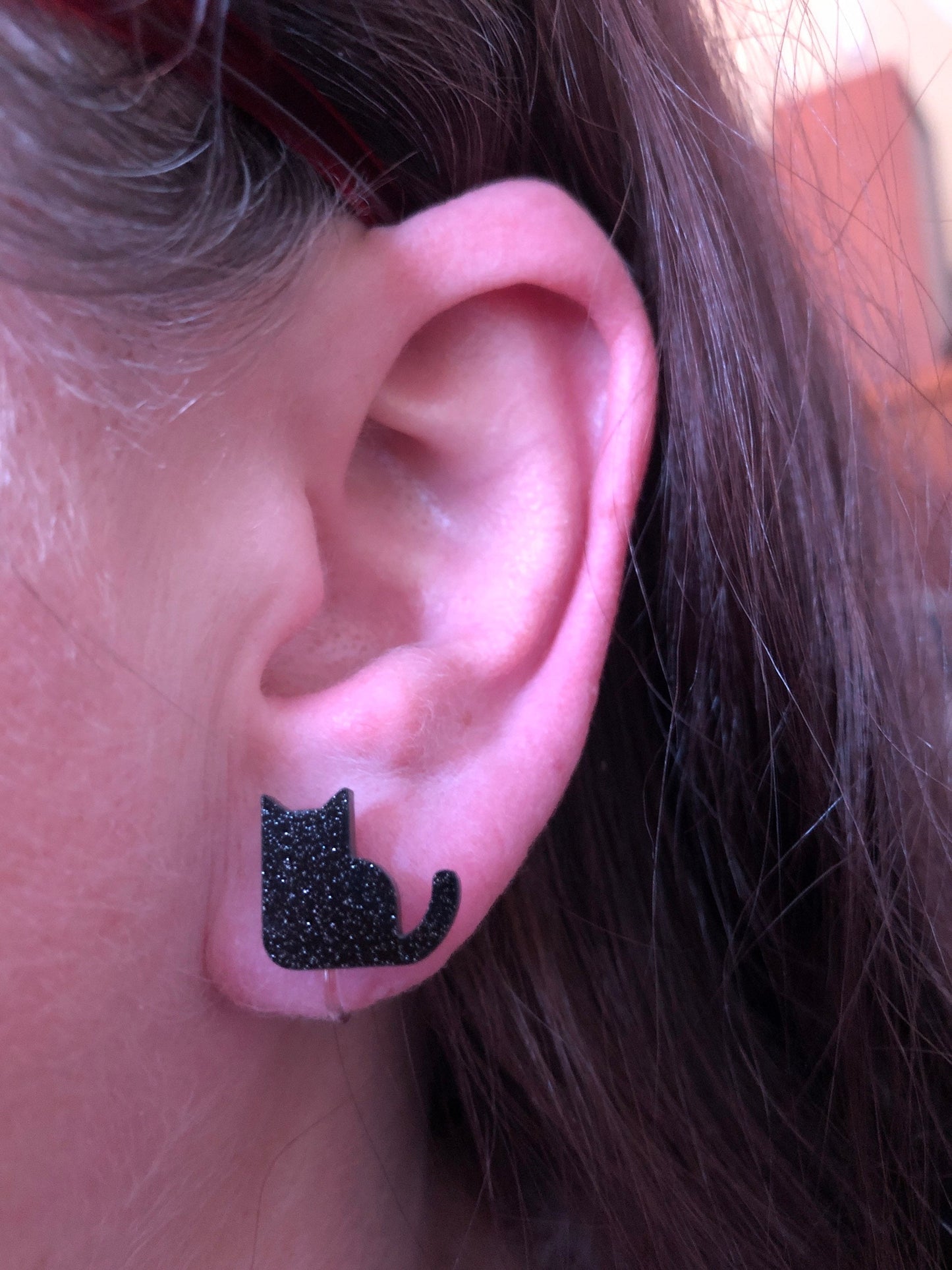 Invisible plastic glitter black cat clip on earrings, no pierce earrings for unpierced ears