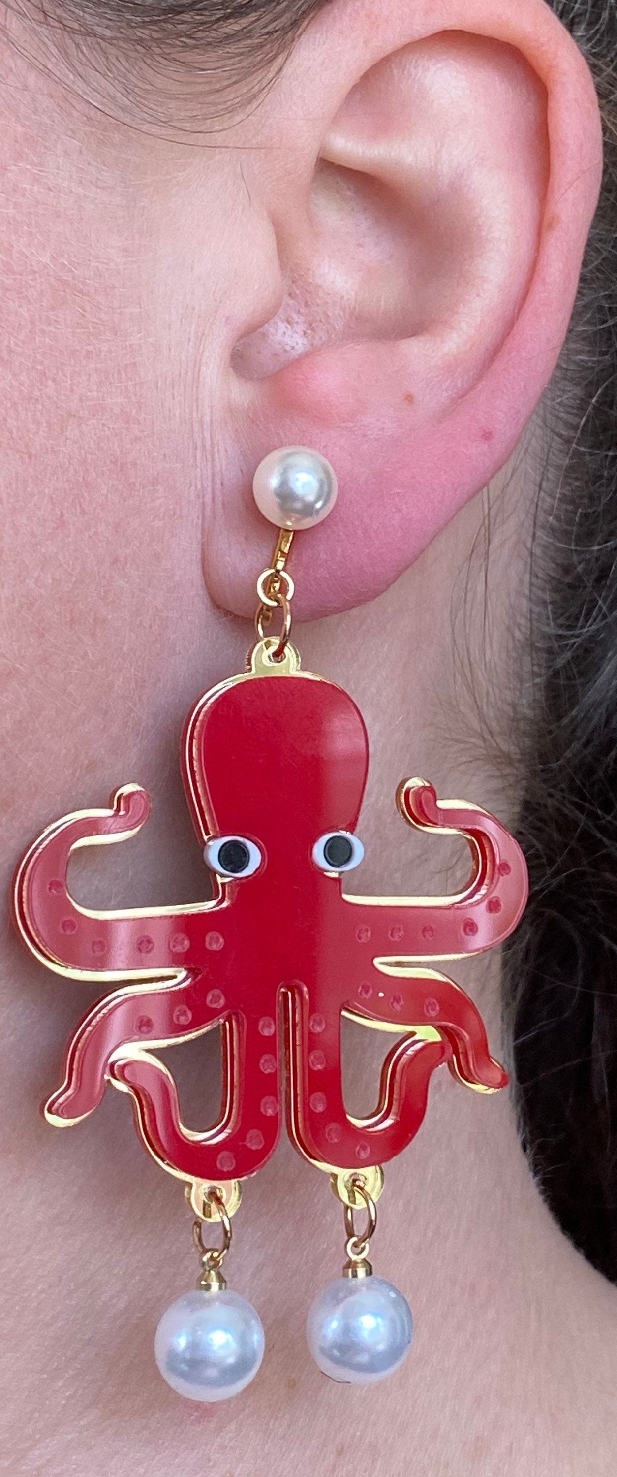 Octopearls! Giant Dangling octopus clip on earrings (hinged screw on|screwback)