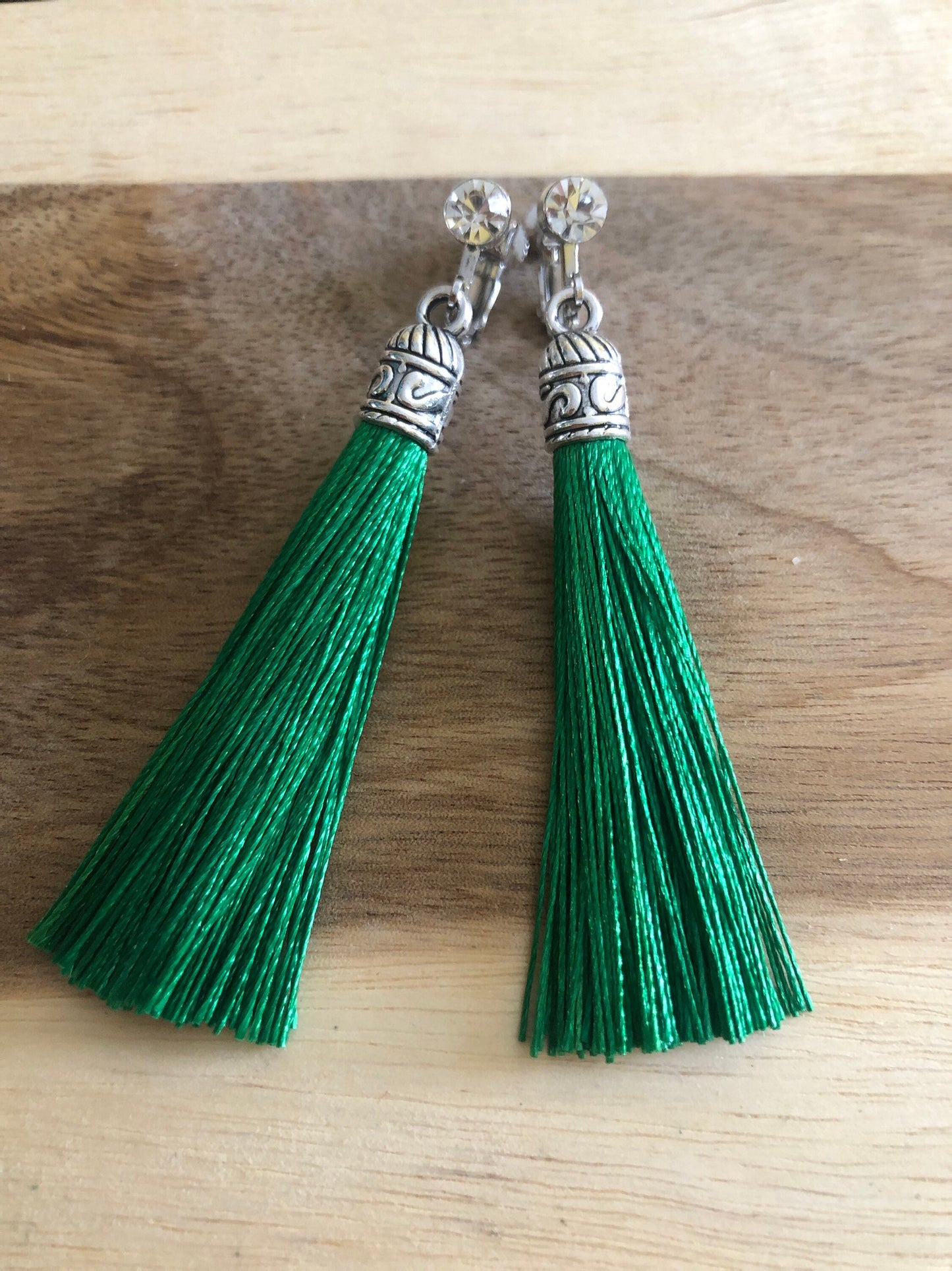 Clip on silk tassels and rhinestone earrings, dangling boho screwback earrings