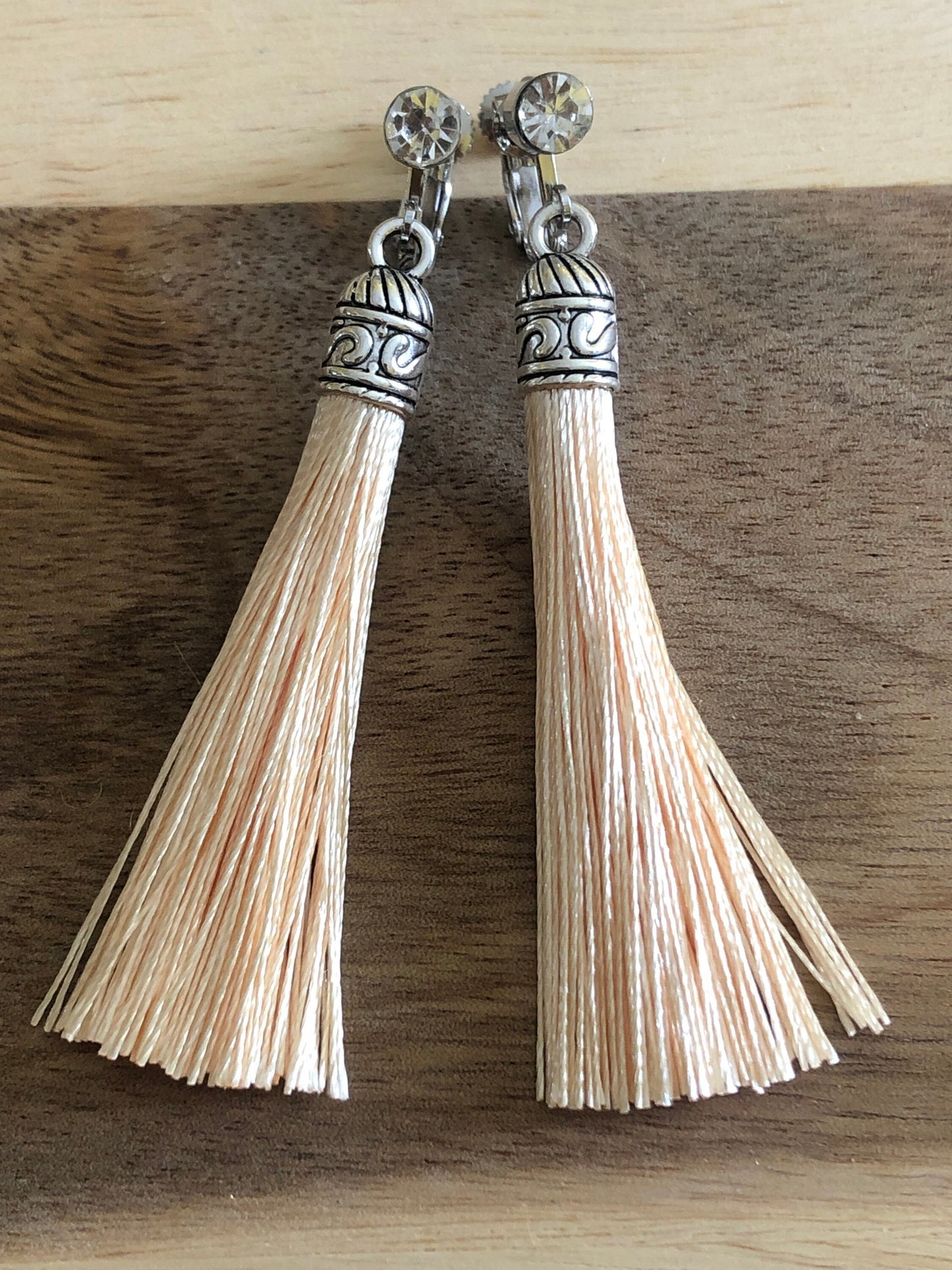 Clip on silk tassels and rhinestone earrings, dangling boho screwback earrings