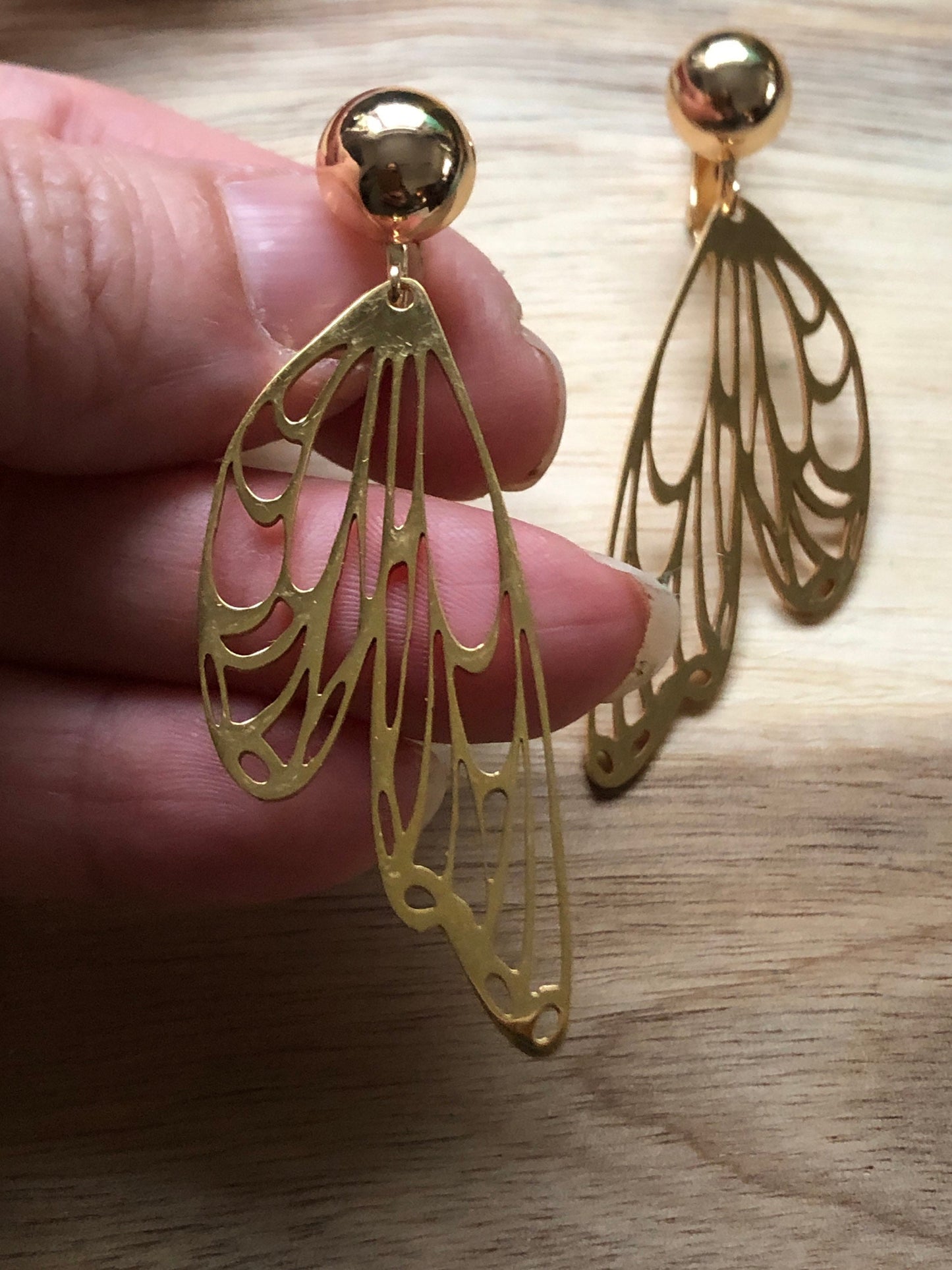 Dangling clip on gold butterfly wing clip on earrings  | silver butterfly earrings