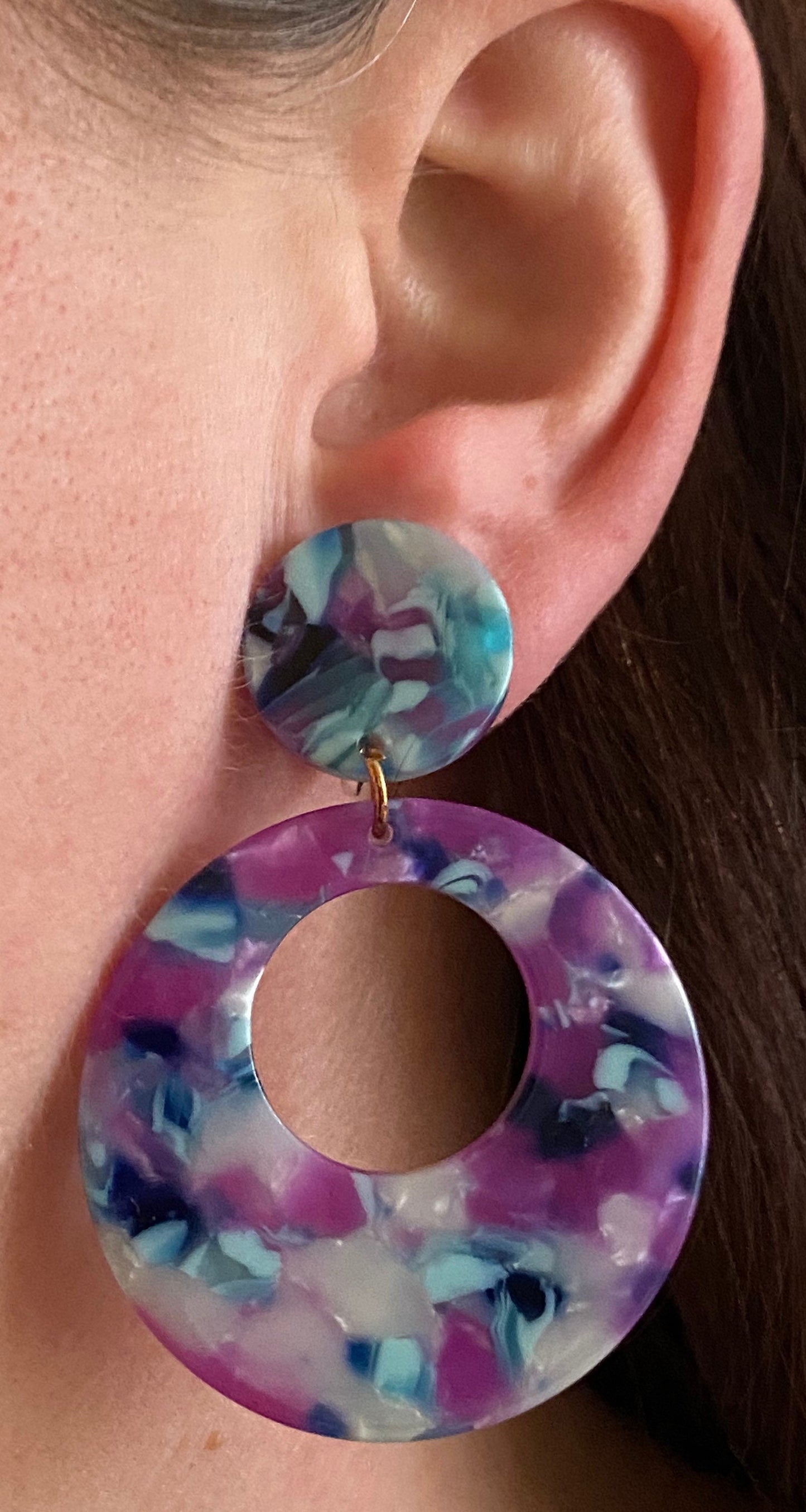 Dangling clip on tortoiseshell hoop earrings, purple, green or pink hoops