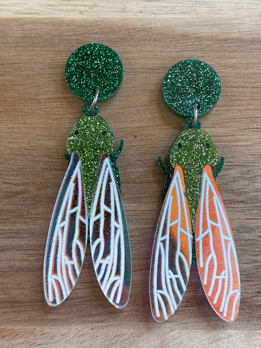 Giant insect Dangling glittery clip on earrings (hinged screw on closures)