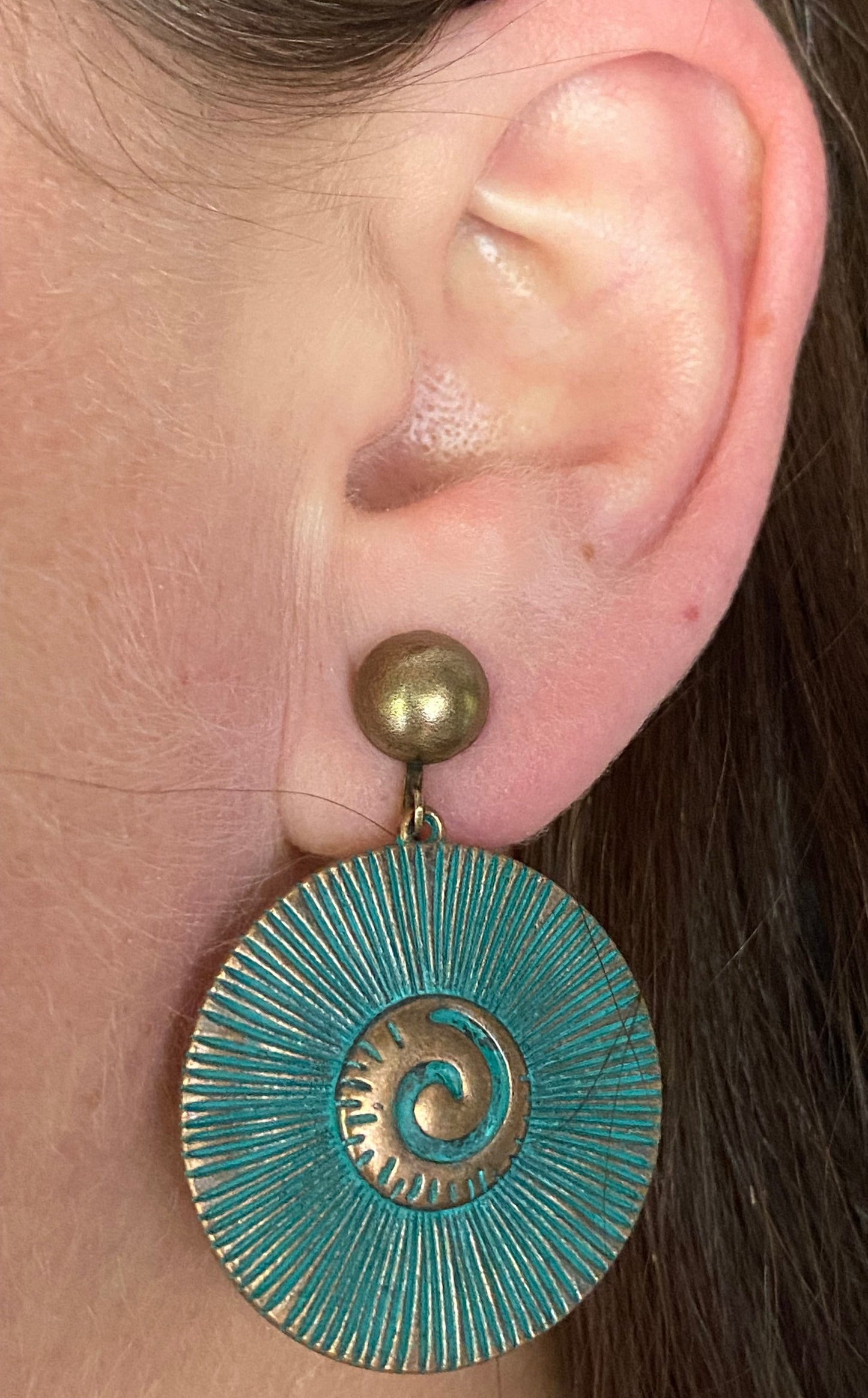 Dangling bronze swirl medallion clip on earrings, screwback earrings