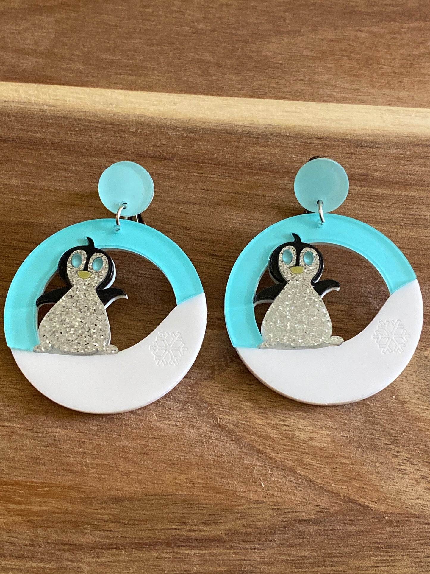 Dangling Penguin on an iceberg Clip on earrings (no pierce | screwback)