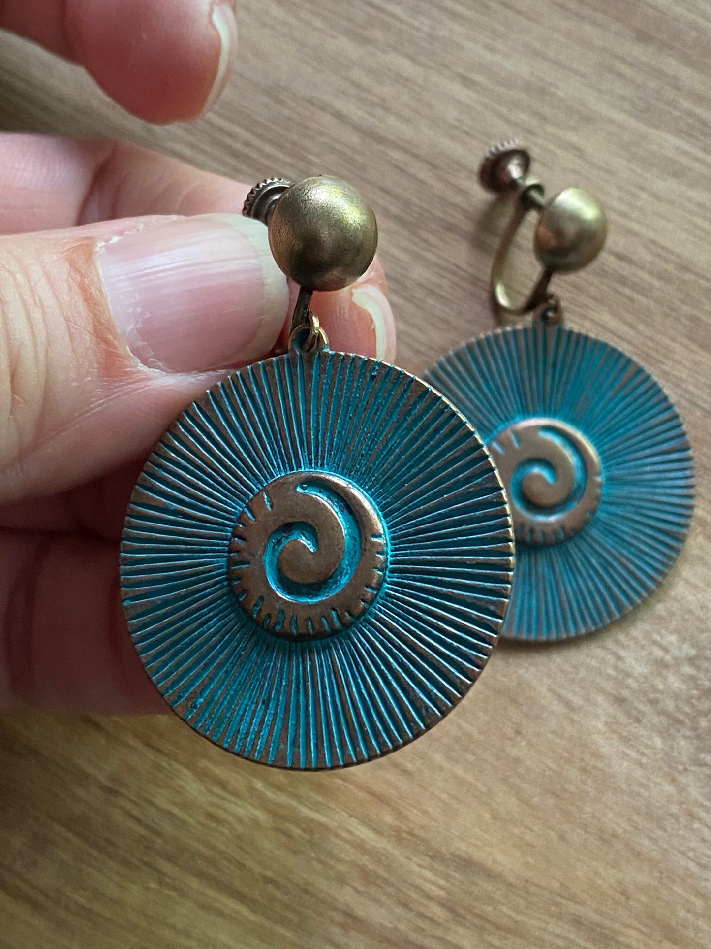 Dangling bronze swirl medallion clip on earrings, screwback earrings