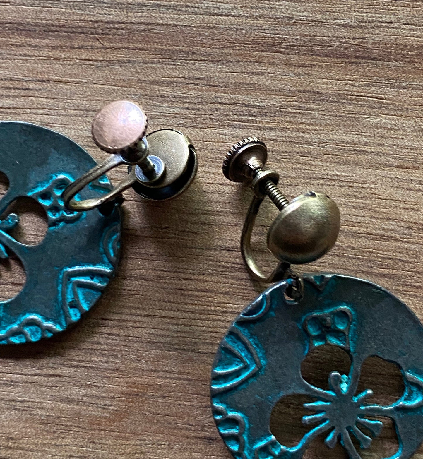 Dangling bronze floral medallion clip on earrings, neutral screwback earrings for unpierced ears