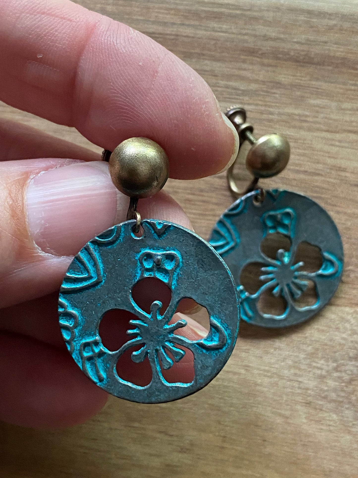 Dangling bronze floral medallion clip on earrings, neutral screwback earrings for unpierced ears