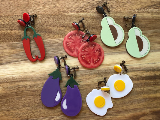 Giant Dangling vegetable clip on earrings (hinged screwback egg or veggie earrings)