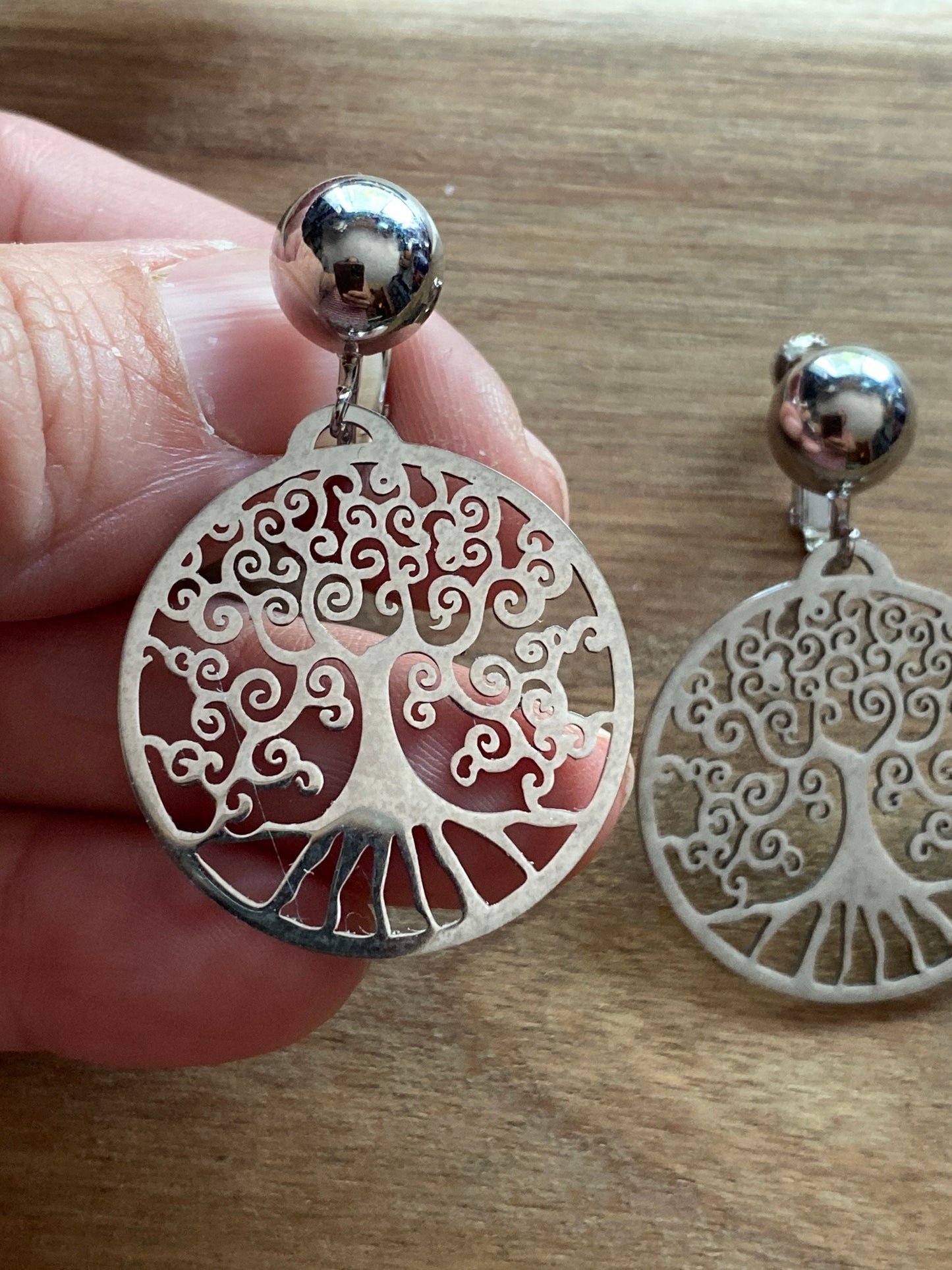 Dangling silver tree of life clip on earrings (screwback)