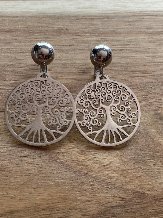 Dangling silver tree of life clip on earrings (screwback)