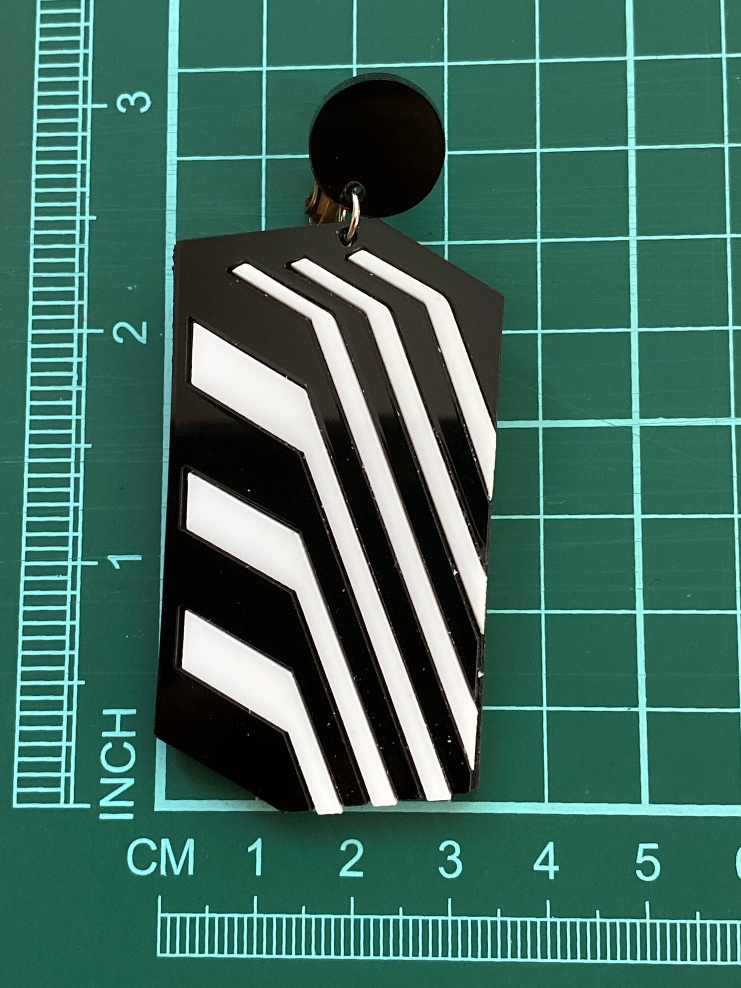 Black and White Striped Dangling Clip On Earrings - Oversized Plastic Tower Design