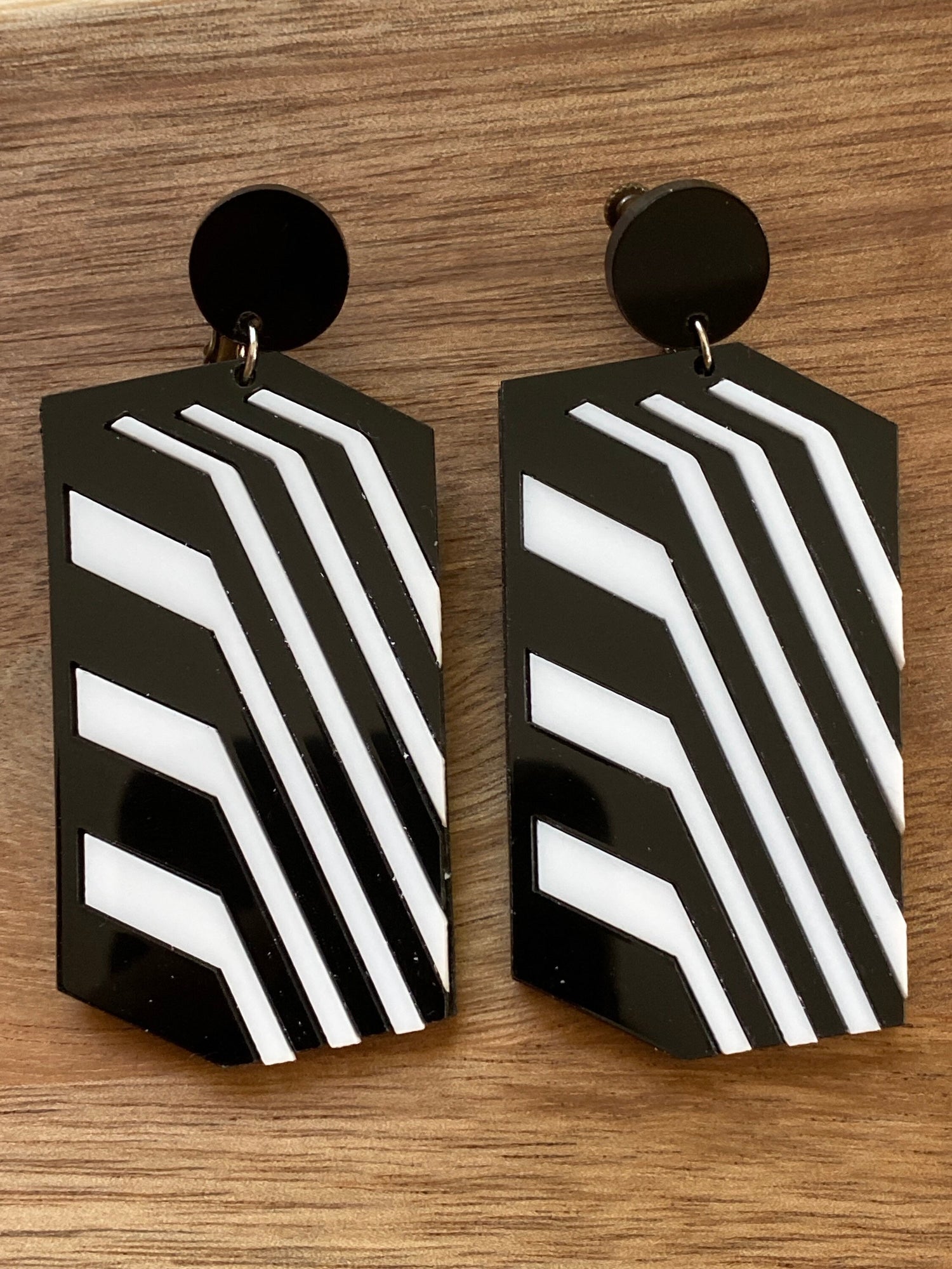 black and white striped clip on earrings