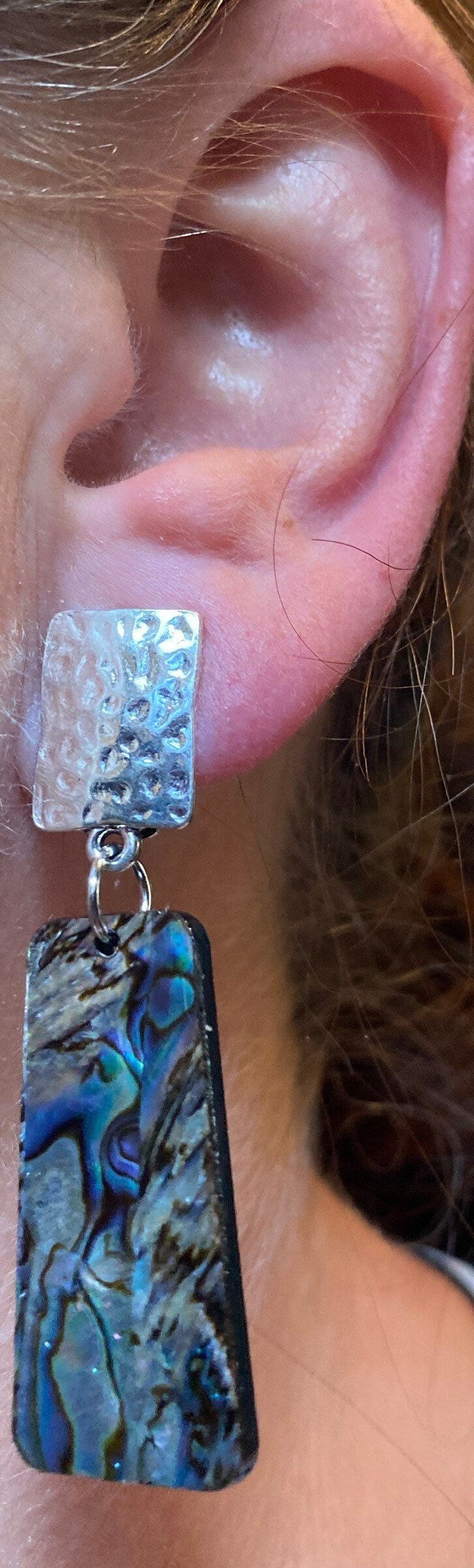 Gorgeous clip on dangling faux abalone trapezoid earrings