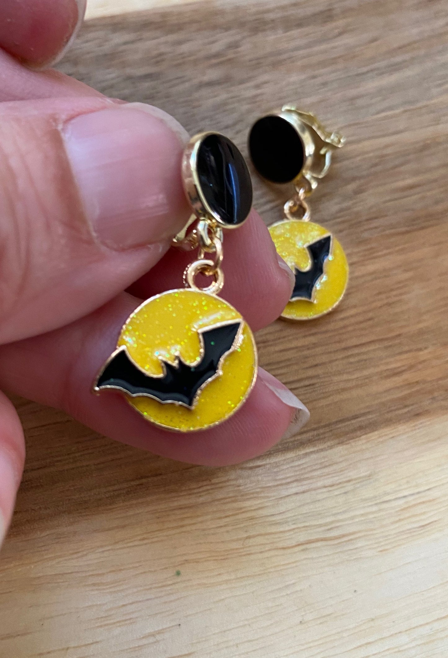 Dangling Halloween bats and full moon clip on earrings | yellow and black Halloween screwback earrings