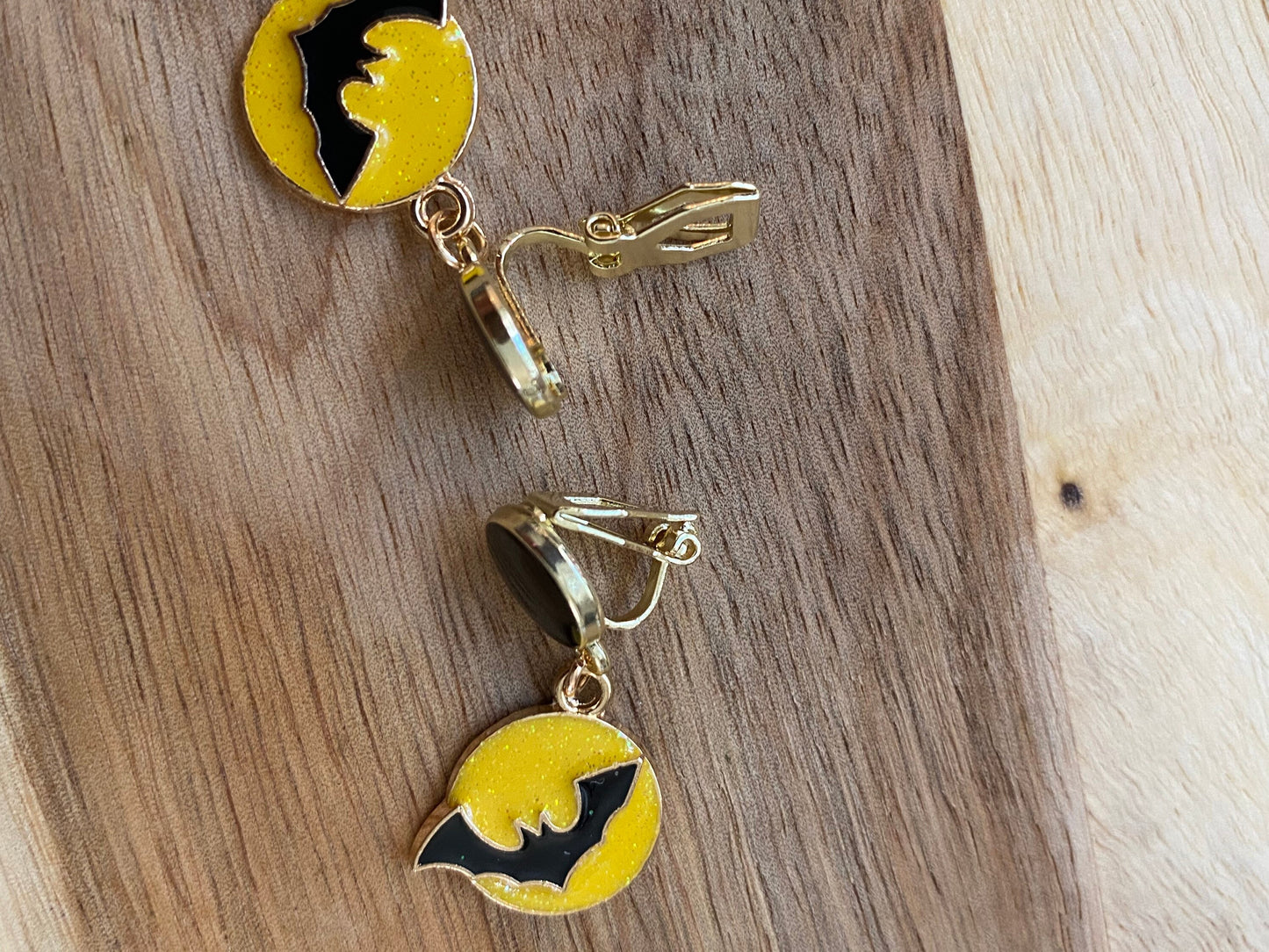 Dangling Halloween bats and full moon clip on earrings | yellow and black Halloween screwback earrings