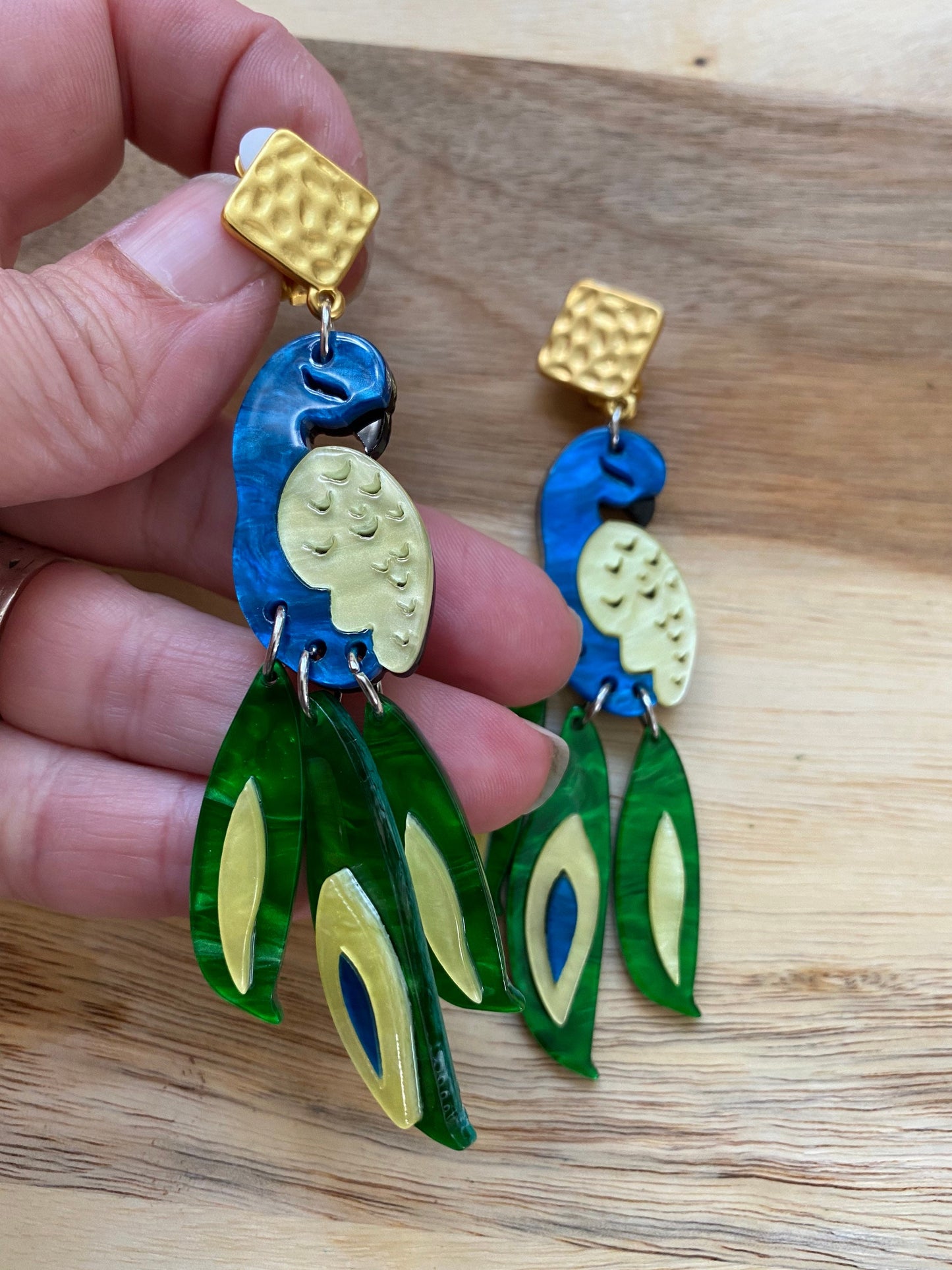 Dangling peacock clip on earrings | giant plastic bird earrings