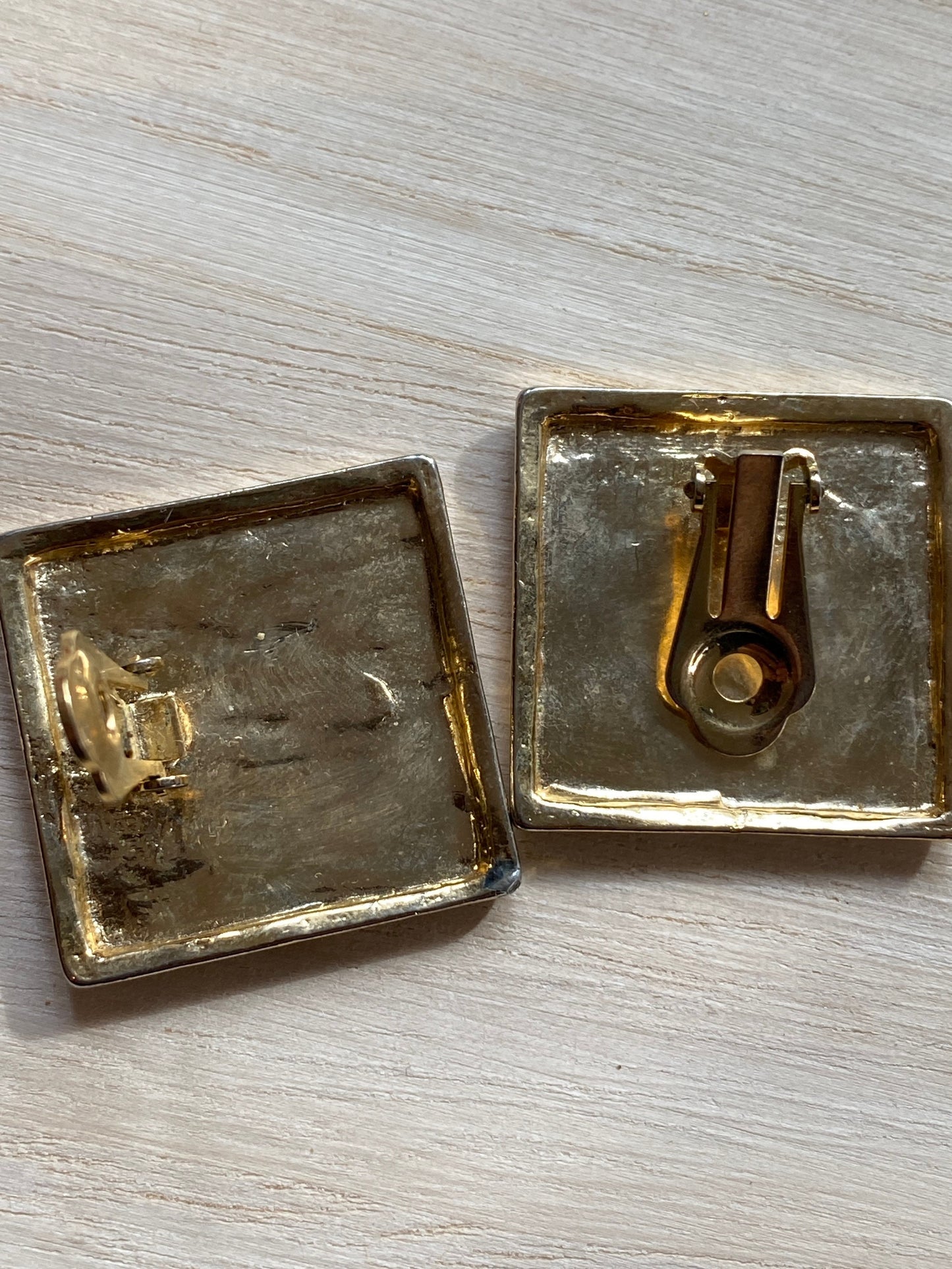 Vintage gold square clip on earrings with waffle texture