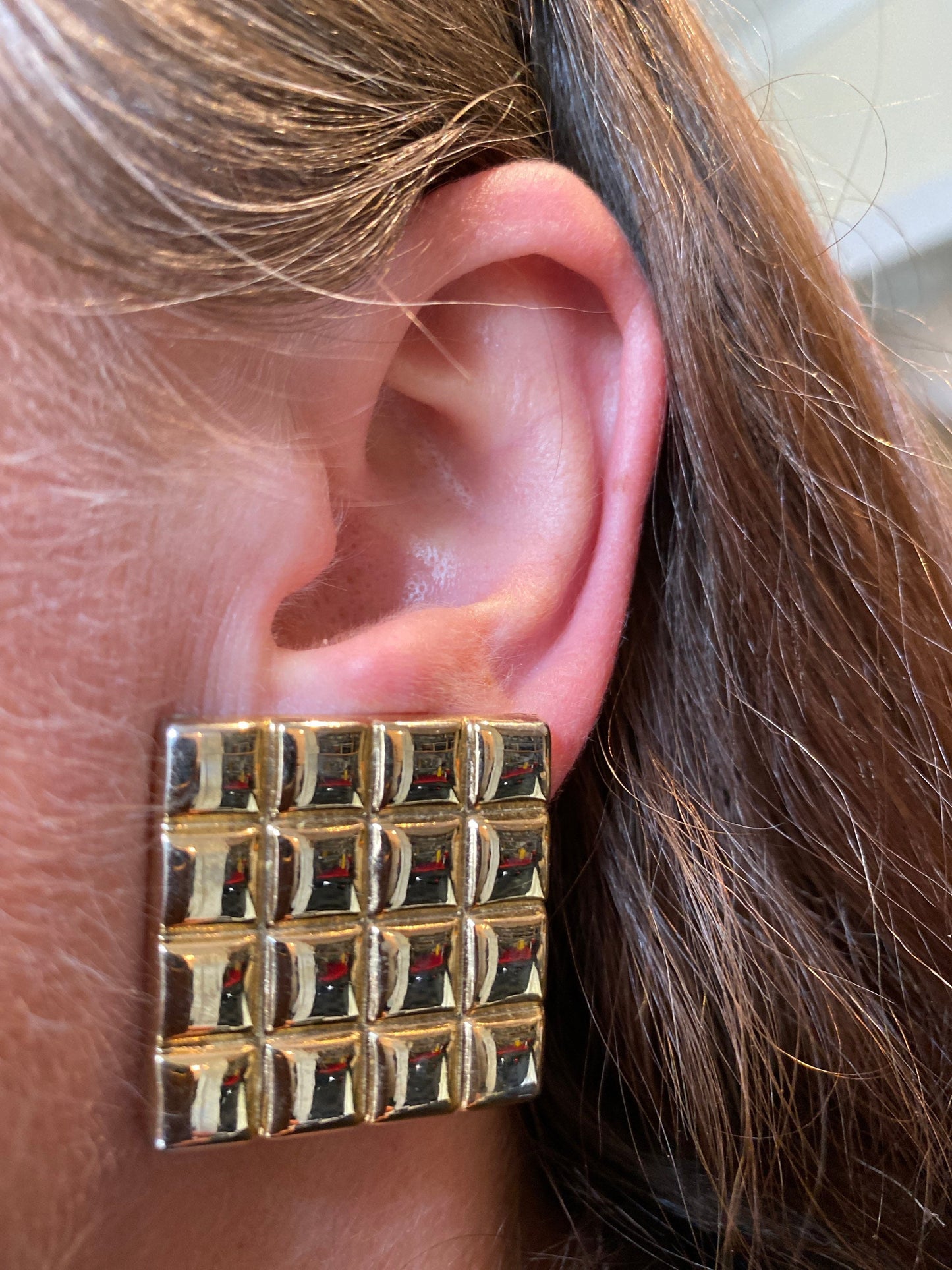 Vintage gold square clip on earrings with waffle texture