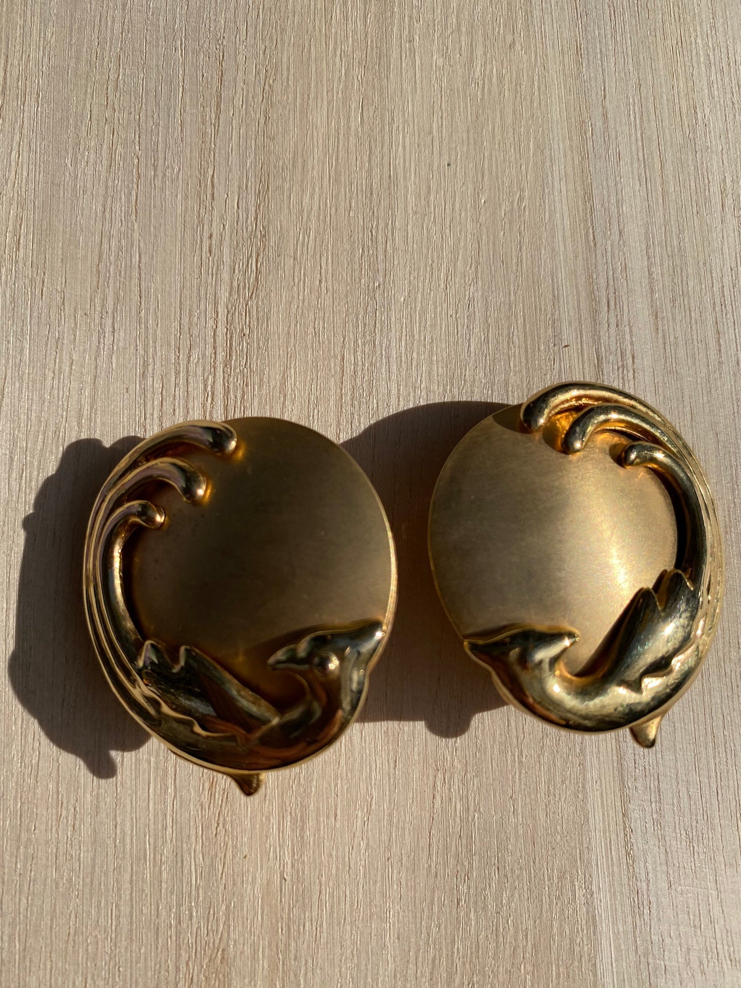 Vintage matte gold clip on button earrings with peacock border | medium neutral gold earrings