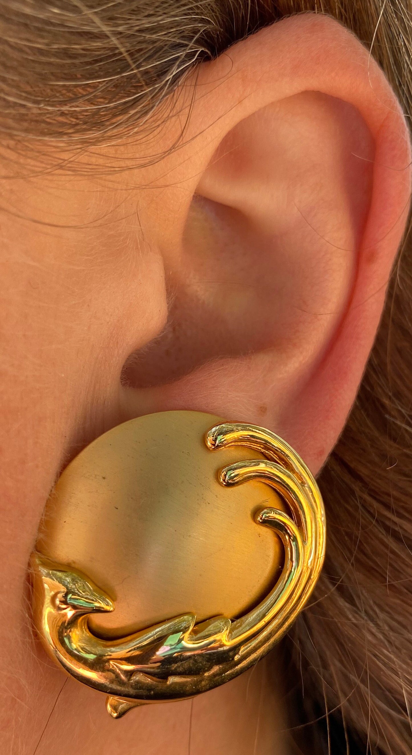 Vintage matte gold clip on button earrings with peacock border | medium neutral gold earrings