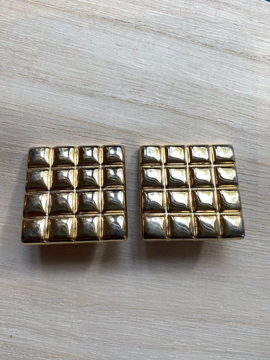 Vintage gold square clip on earrings with waffle texture