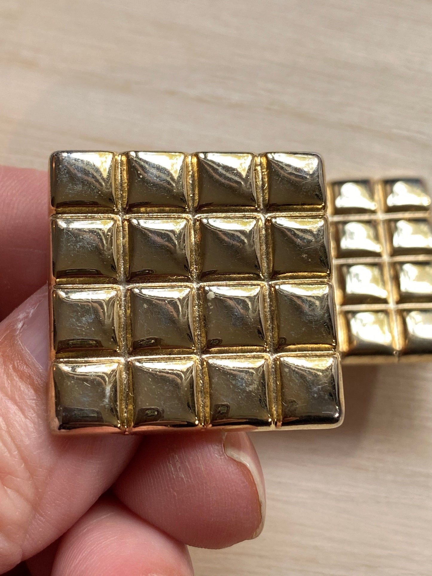 Vintage gold square clip on earrings with waffle texture