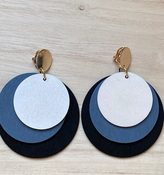 Giant black and white colourblocked wooden layered clip on earrings | queen sized black and white earrings