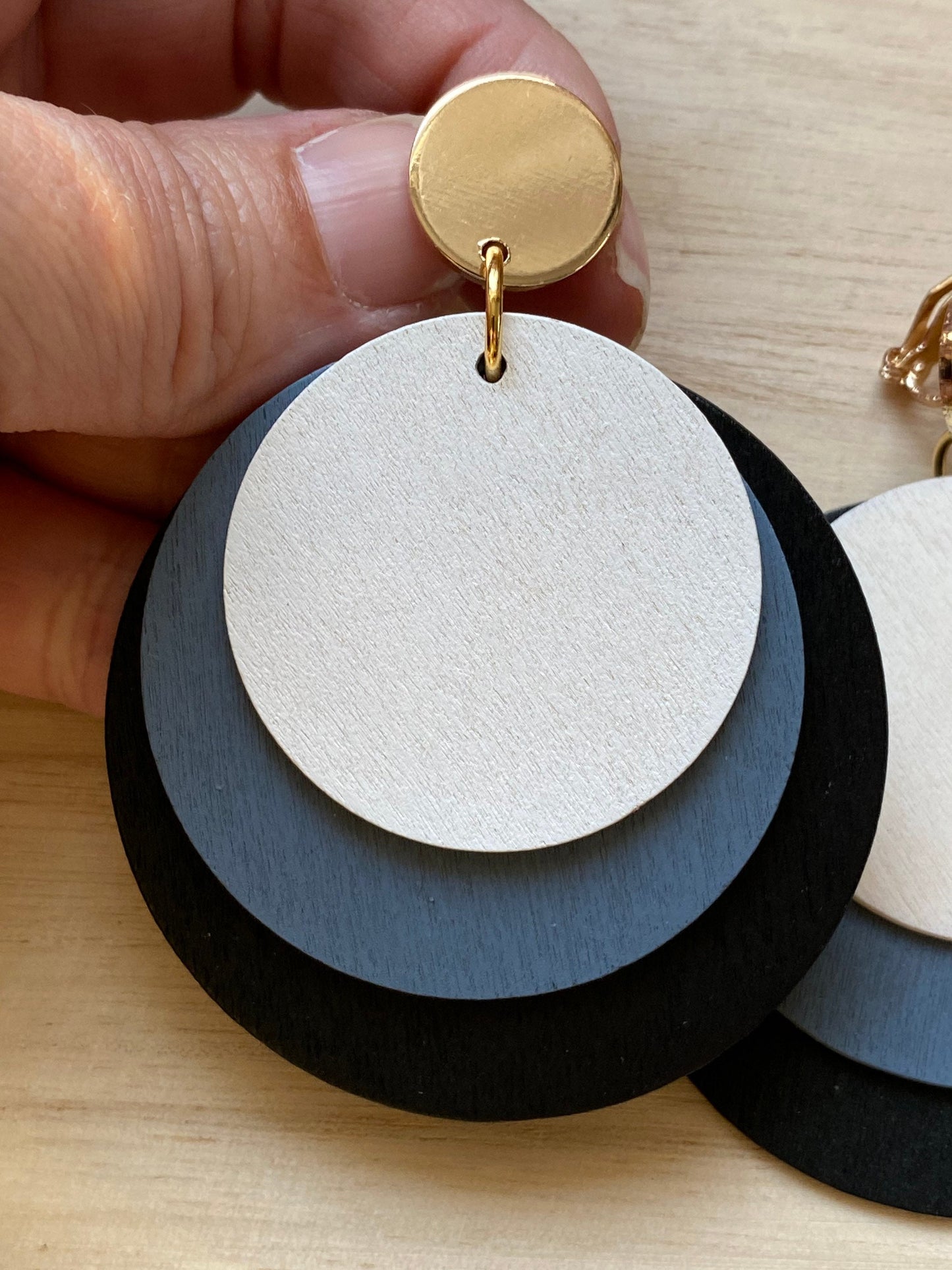 Giant black and white colourblocked wooden layered clip on earrings | queen sized black and white earrings