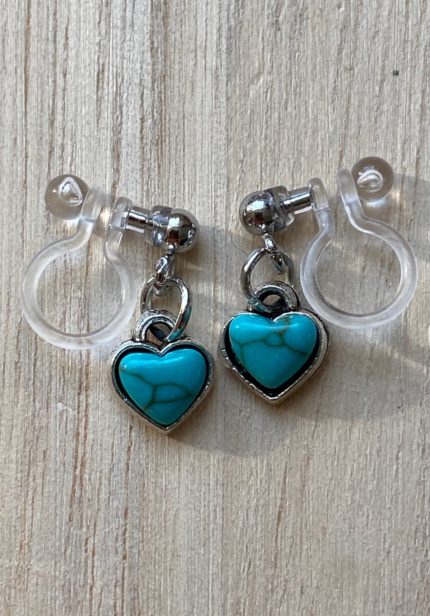 Dangling invisible clip on earrings (no piercing no pierce) with adorable heart pendants