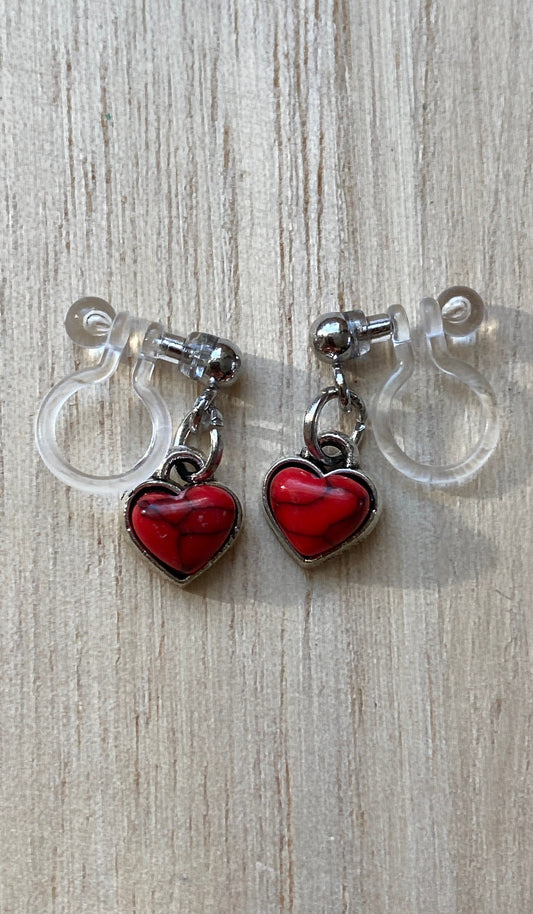 dangling red or turqoise heart clip on earrings, invisible clip on earrings