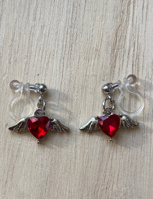 winged heart rhinestone earrings, invisible clip on earrings