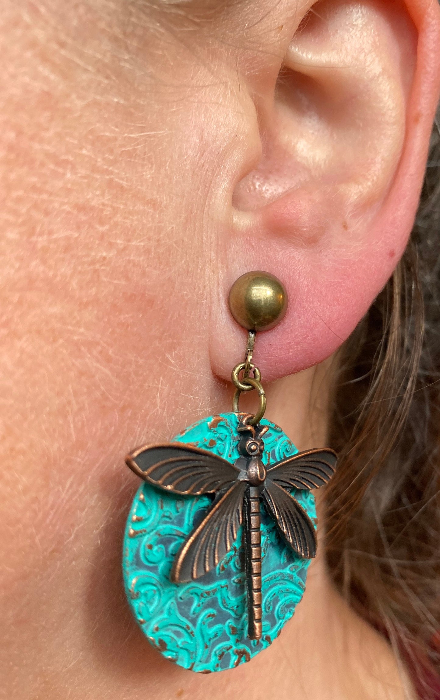 Dangling bronze dragonfly clip on earrings,  hinged screwbackl boho dragonflies