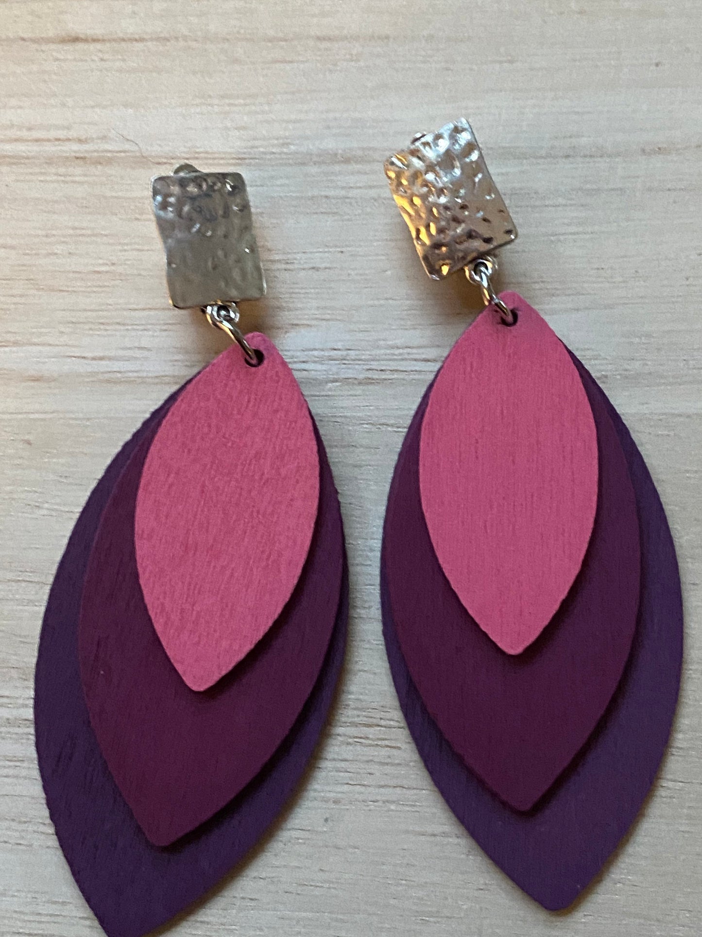 Giant wooden layered clip on earrings