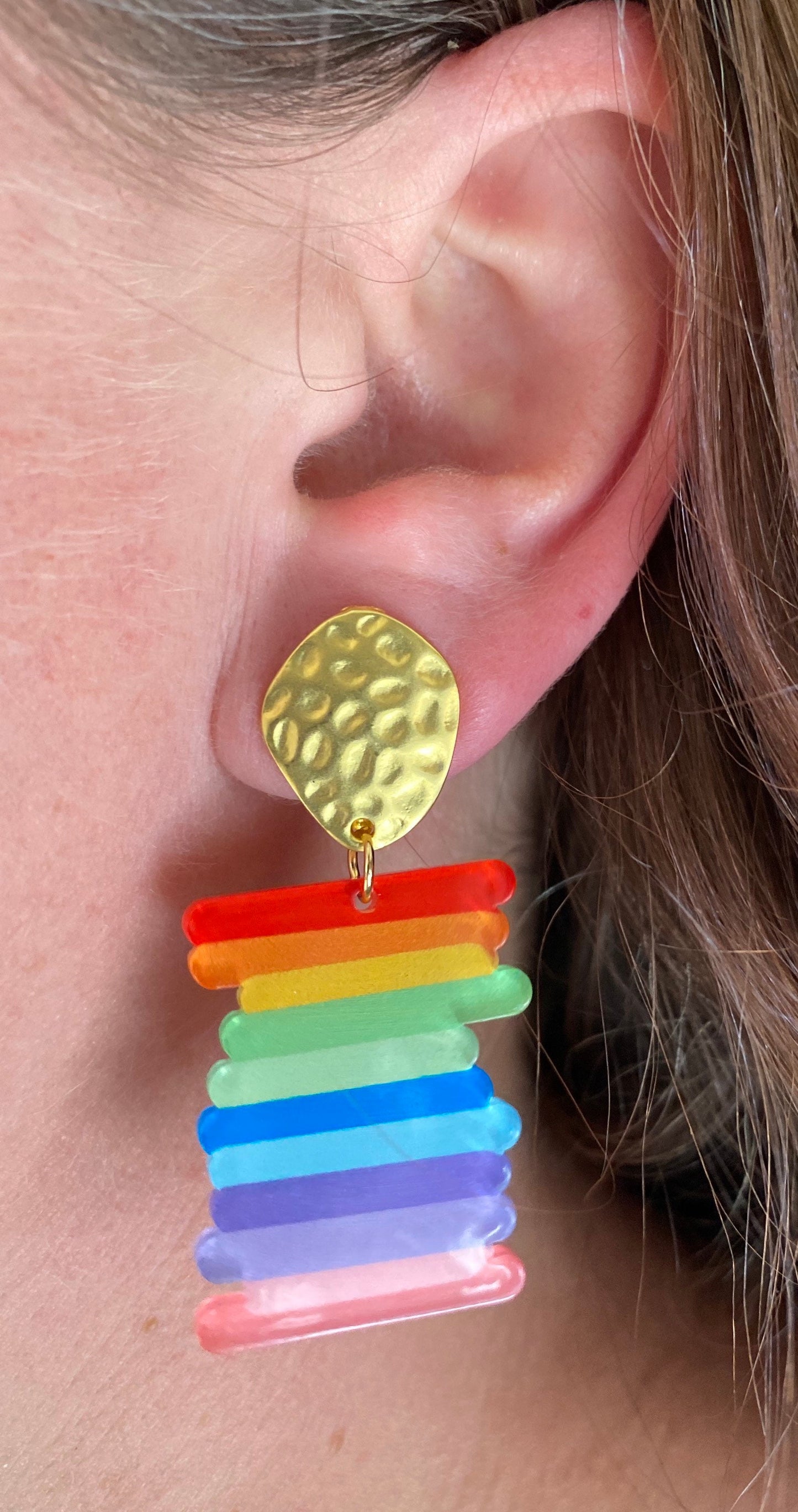 stacked rainbow  Dangling clip on earrings | rainbow earrings | rainbow pride clip on